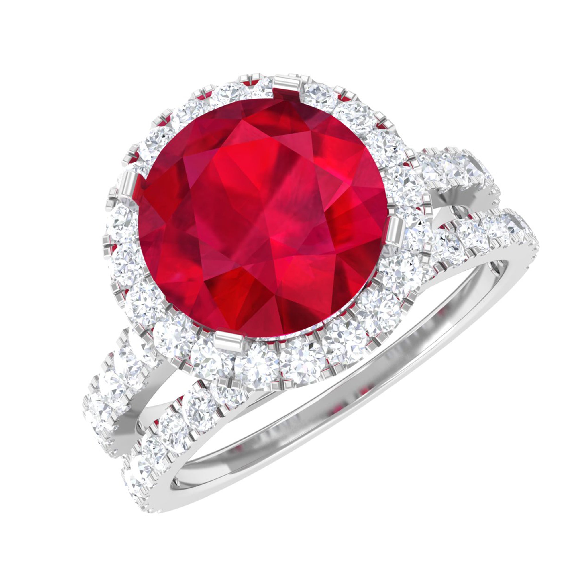 Created Ruby Halo Wedding Ring Set in Gold with Moissanite Lab Created Ruby - ( AAAA ) - Quality - Rosec Jewels