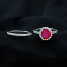 Created Ruby Halo Wedding Ring Set in Gold with Moissanite Lab Created Ruby - ( AAAA ) - Quality - Rosec Jewels