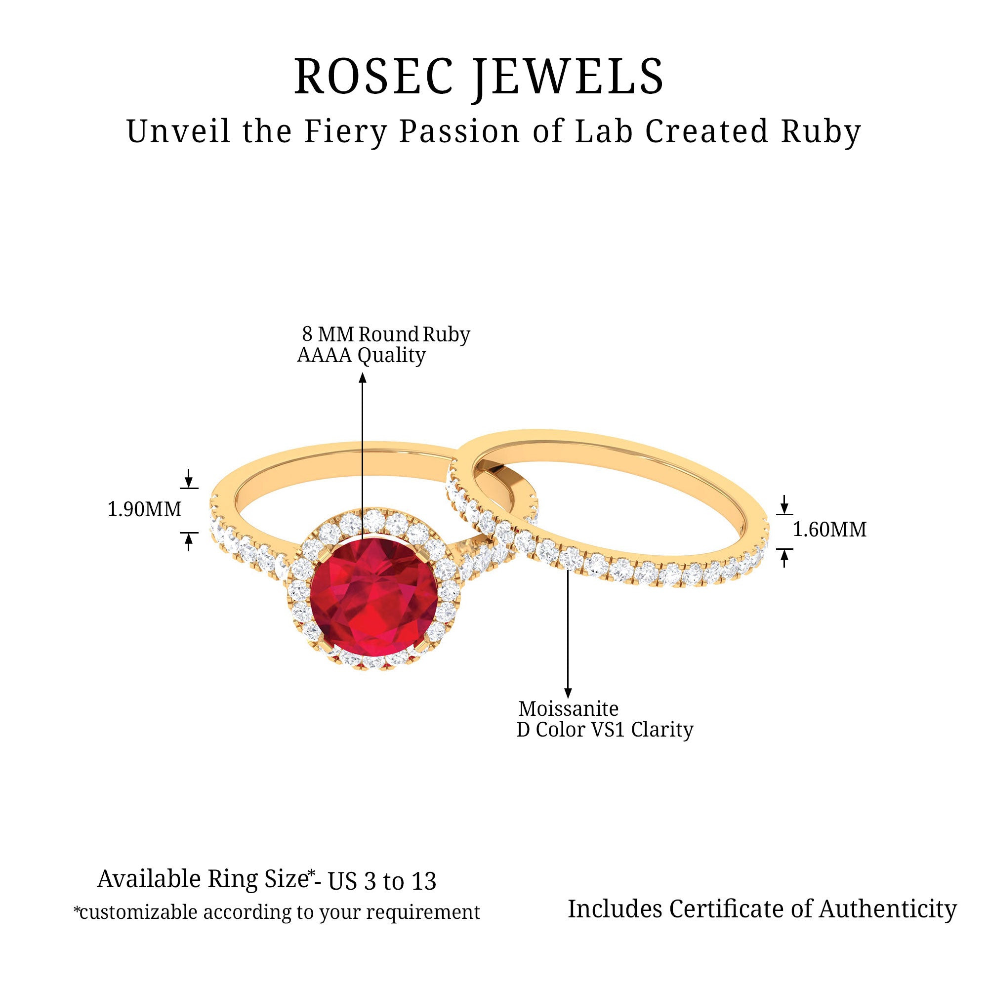 Created Ruby Halo Wedding Ring Set in Gold with Moissanite Lab Created Ruby - ( AAAA ) - Quality - Rosec Jewels