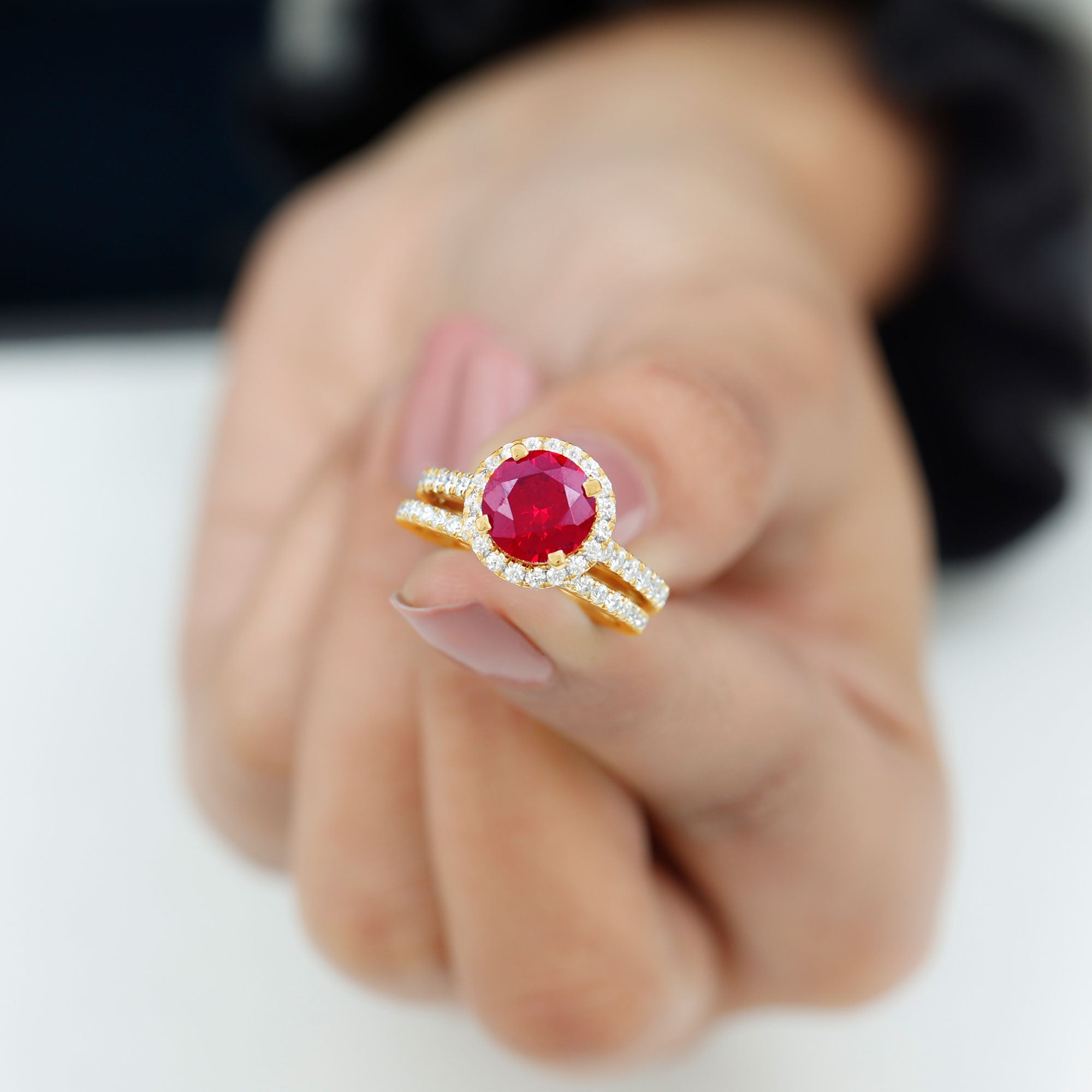 Created Ruby Halo Wedding Ring Set in Gold with Moissanite Lab Created Ruby - ( AAAA ) - Quality - Rosec Jewels