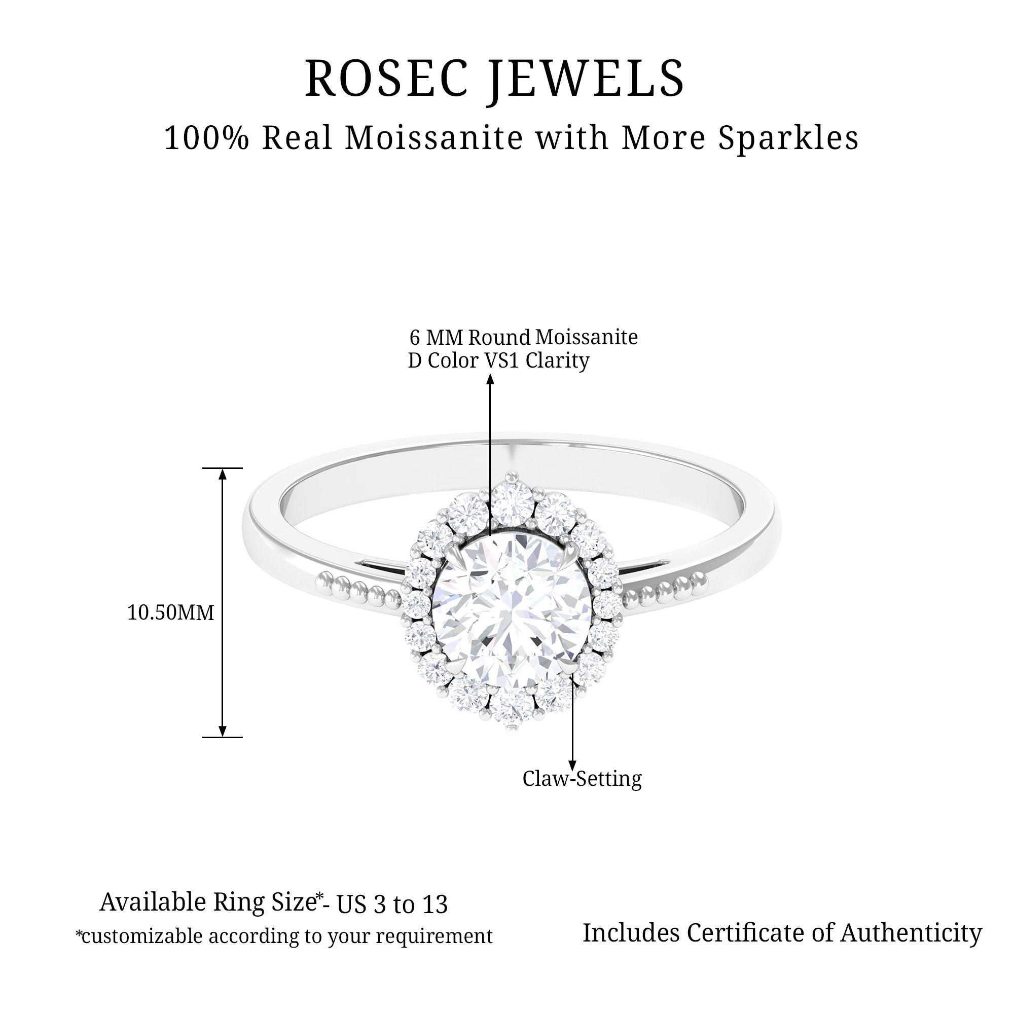 Certified Moissanite Halo Engagement Ring Moissanite - ( D-VS1 ) - Color and Clarity - Rosec Jewels