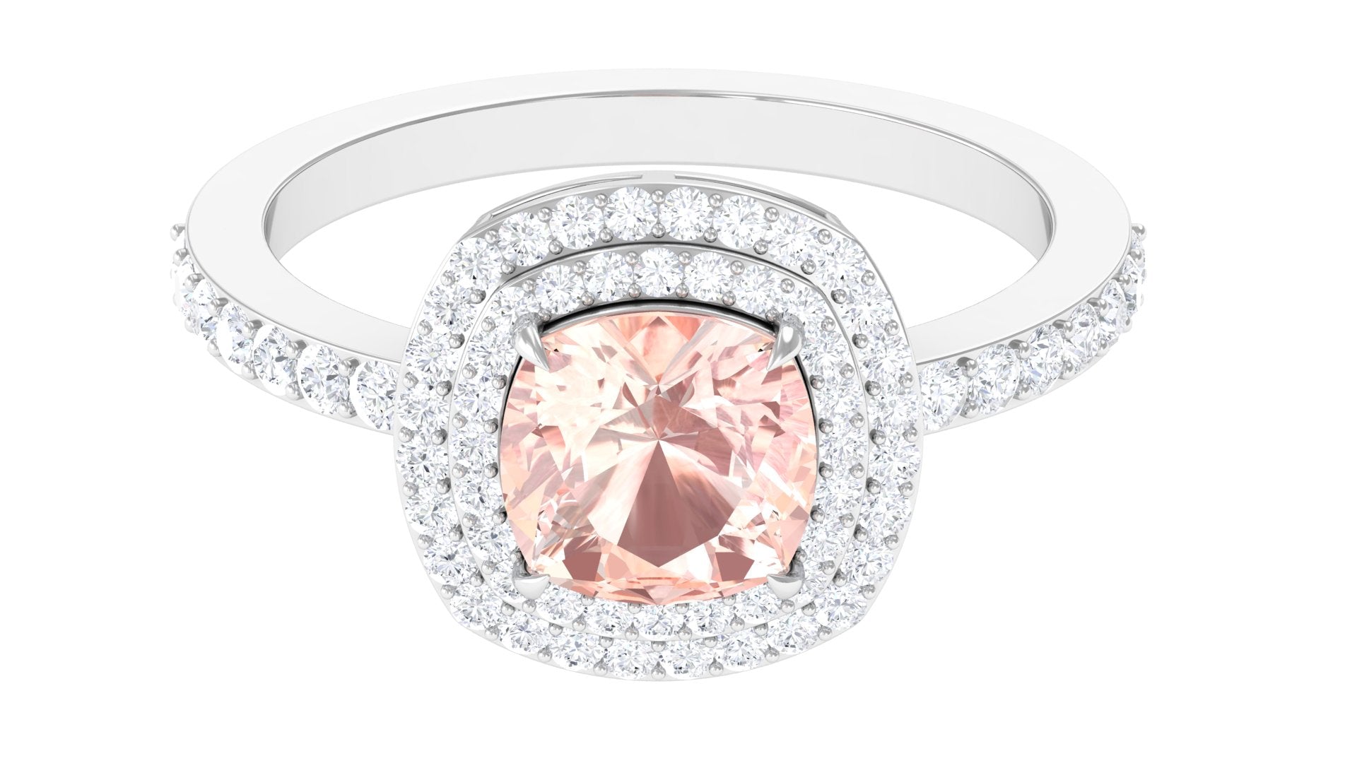 Cushion Cut Morganite Double Halo Engagement Ring with Moissanite Morganite - ( AAA ) - Quality - Rosec Jewels