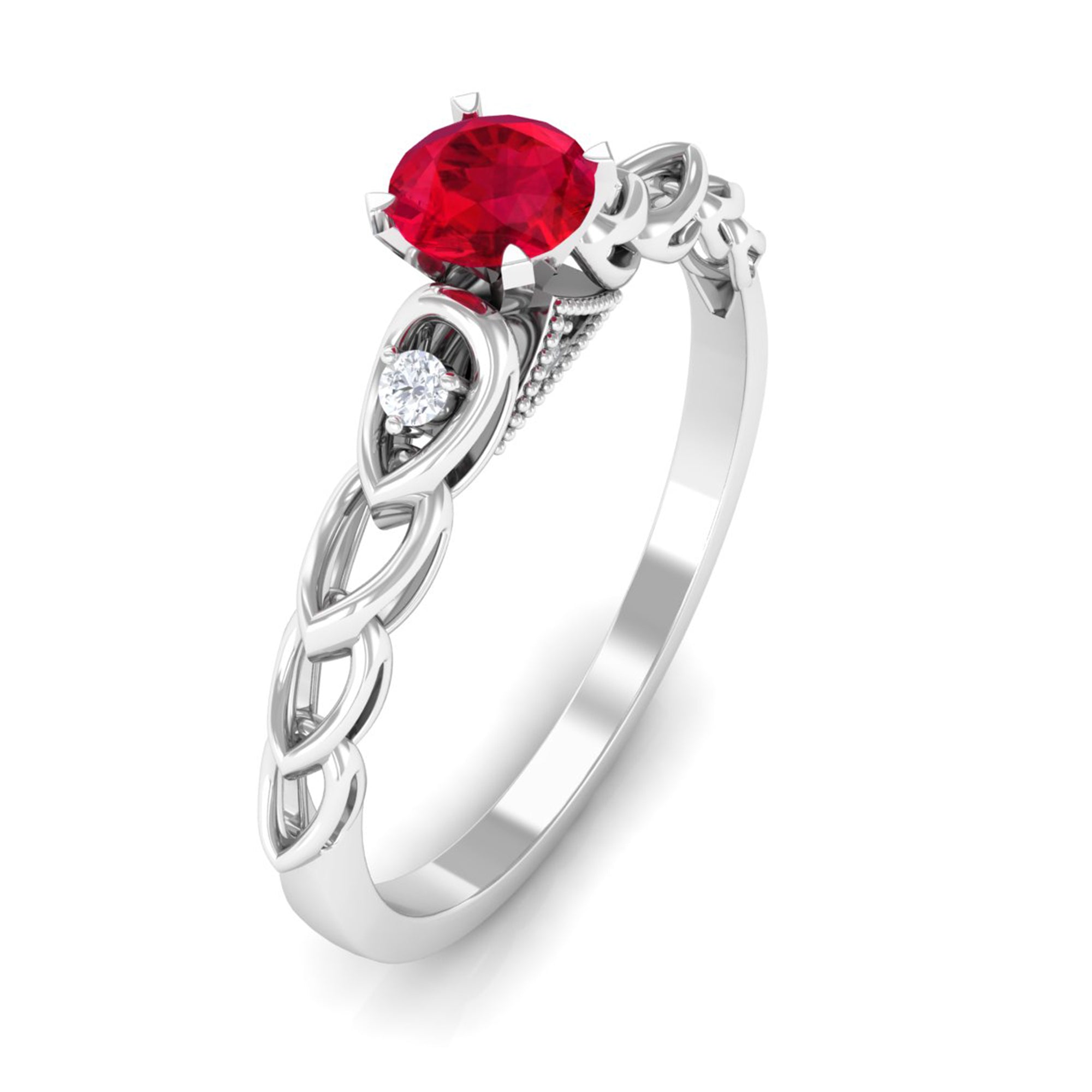 Lab Grown Ruby Designer Promise Ring with Diamond Lab Created Ruby - ( AAAA ) - Quality - Rosec Jewels