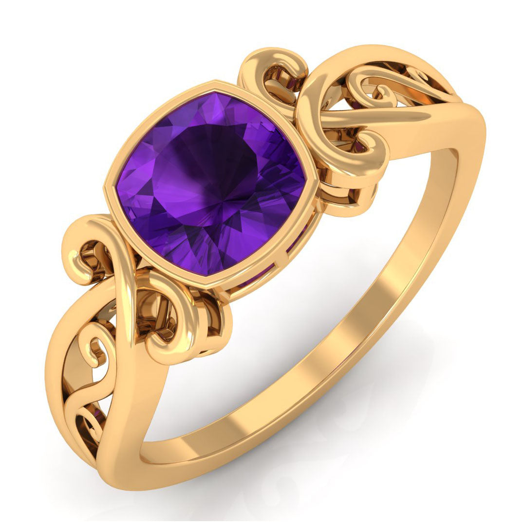 2 CT Vintage Inspired Cushion Cut Amethyst Solitaire Ring Amethyst - ( AAA ) - Quality - Rosec Jewels