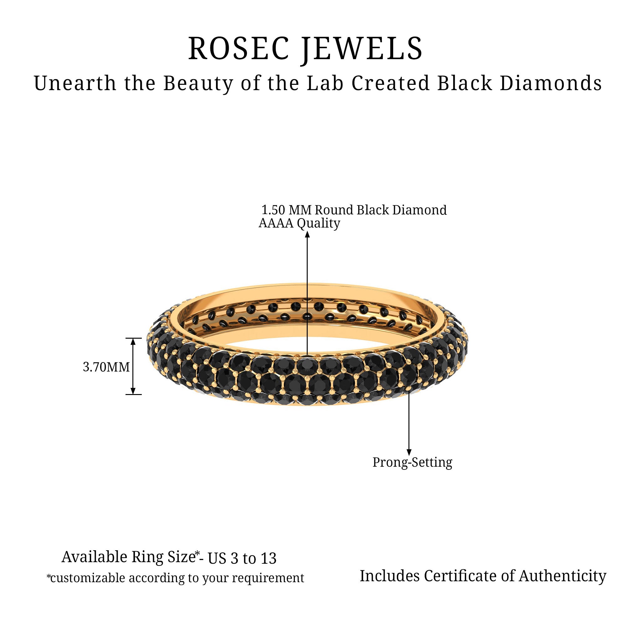 Thick Eternity Band with 2 CT Lab Created Black Diamond Lab Created Black Diamond - ( AAAA ) - Quality - Rosec Jewels