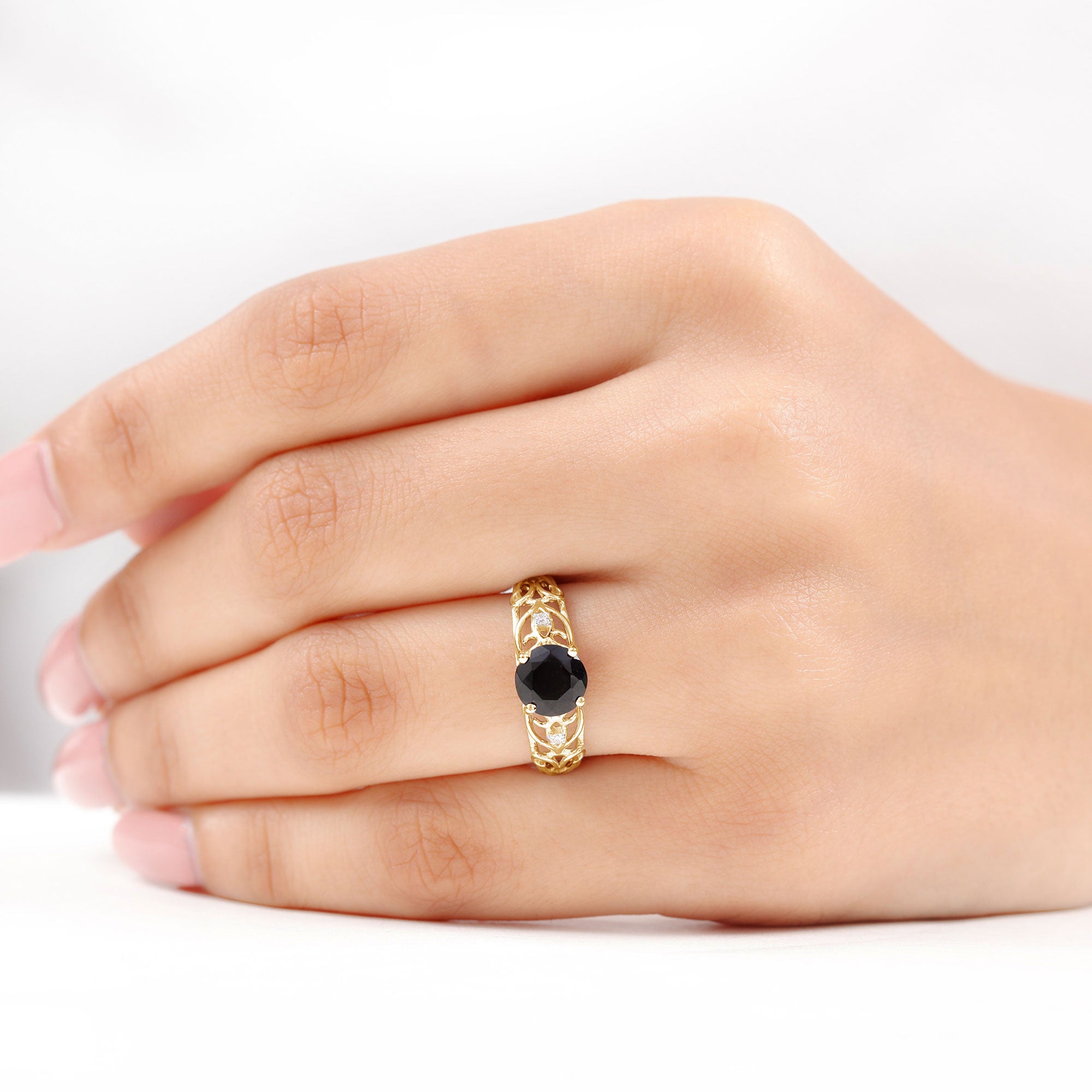 Filigree Engagement Ring with Black Onyx and Diamond Black Onyx - ( AAA ) - Quality - Rosec Jewels