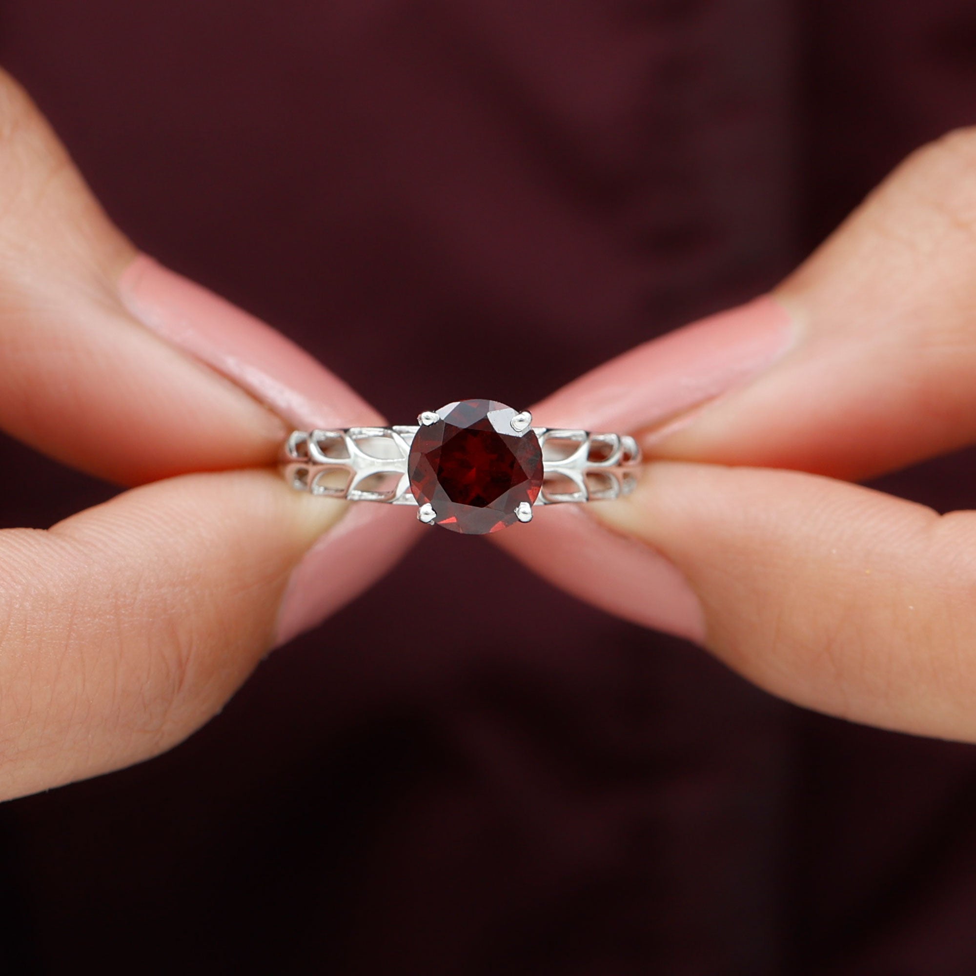 Round Shape Garnet Solitaire and Filigree Ring Garnet - ( AAA ) - Quality - Rosec Jewels