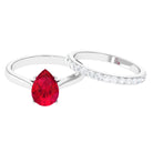 Pear Shape Created Ruby Solitaire Wedding Ring Set with Moissanite Lab Created Ruby - ( AAAA ) - Quality - Rosec Jewels