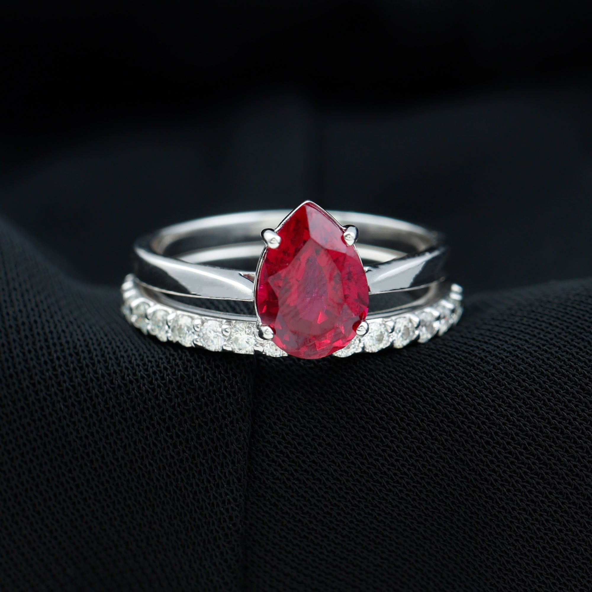 Pear Shape Created Ruby Solitaire Wedding Ring Set with Moissanite Lab Created Ruby - ( AAAA ) - Quality - Rosec Jewels