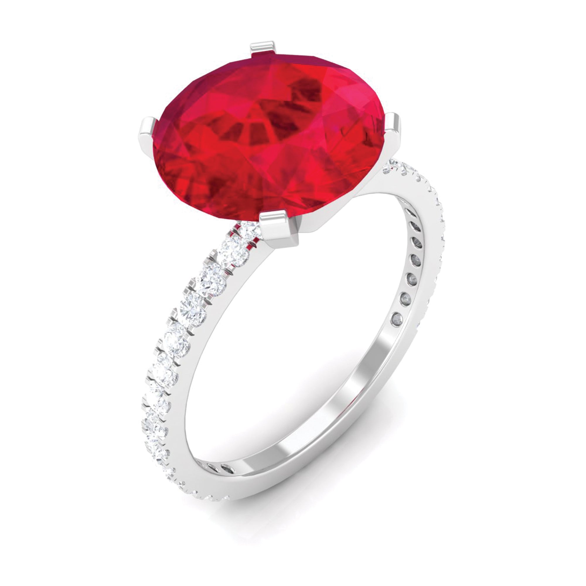 Created Ruby Solitaire Ring with Diamond Side Stones Lab Created Ruby - ( AAAA ) - Quality - Rosec Jewels