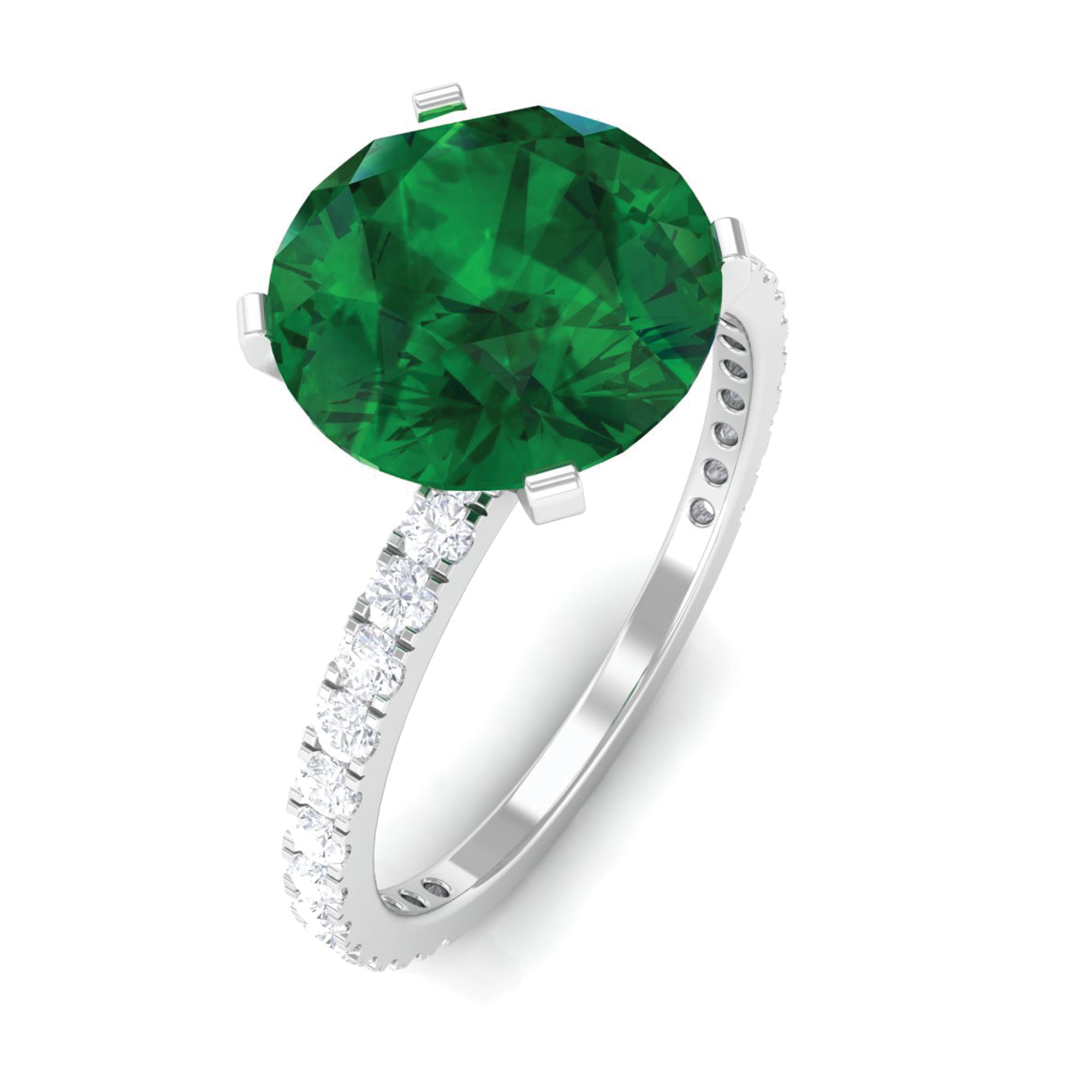 3.5 CT Created Emerald Solitaire Engagement Ring with Diamond Lab Created Emerald - ( AAAA ) - Quality - Rosec Jewels