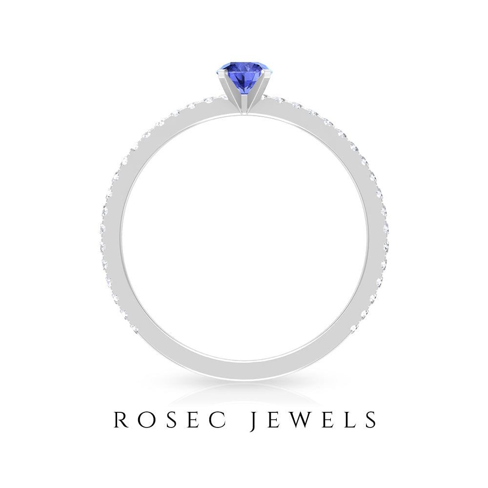 Tanzanite Dainty Solitaire Ring with French Pave Set Diamond Tanzanite - ( AAA ) - Quality - Rosec Jewels