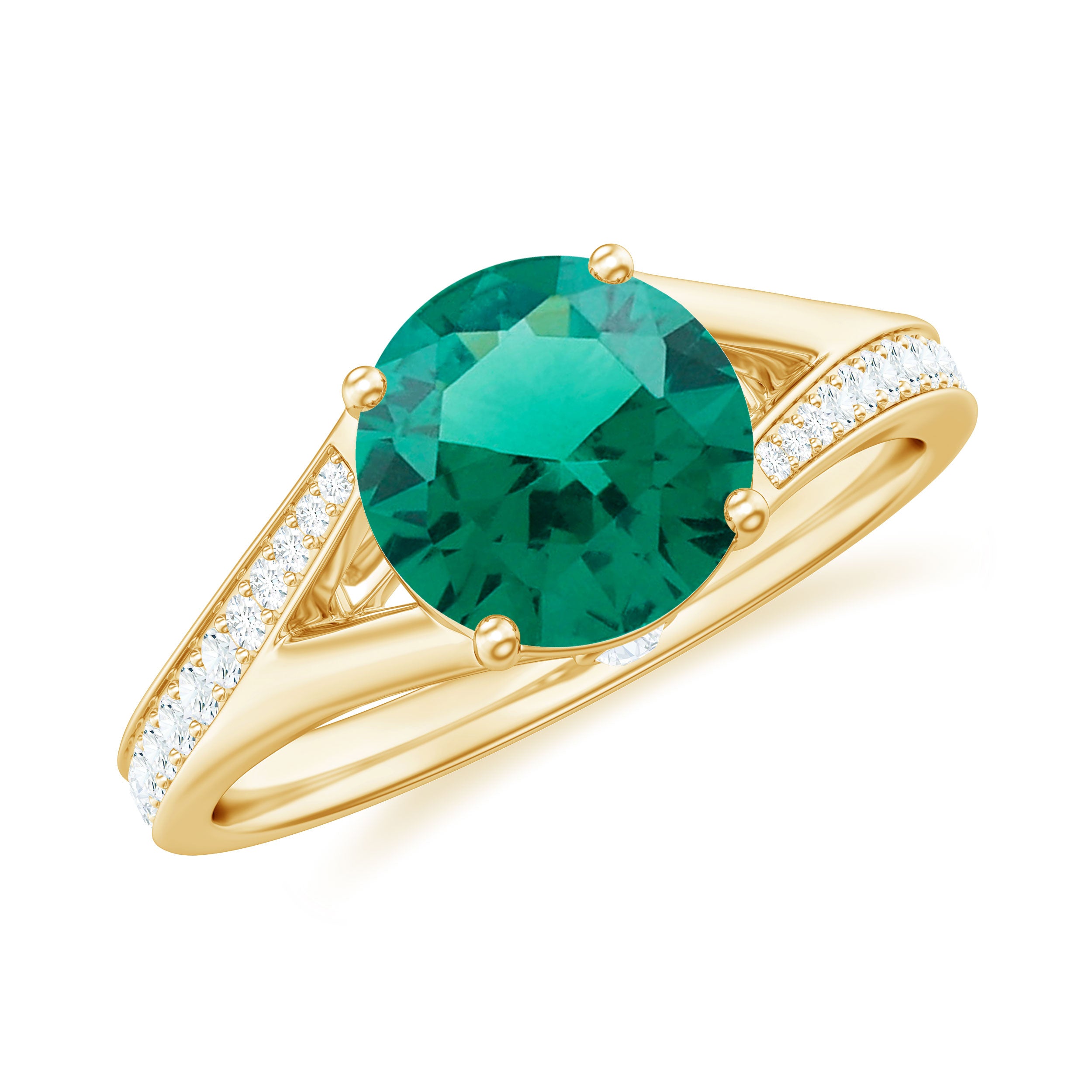 8 MM Created Emerald Solitaire Split Shank Ring with Diamond Lab Created Emerald - ( AAAA ) - Quality - Rosec Jewels