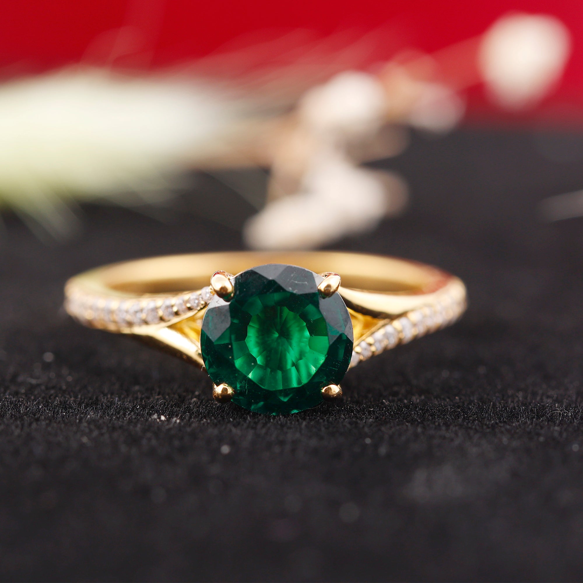 8 MM Created Emerald Solitaire Split Shank Ring with Diamond Lab Created Emerald - ( AAAA ) - Quality - Rosec Jewels