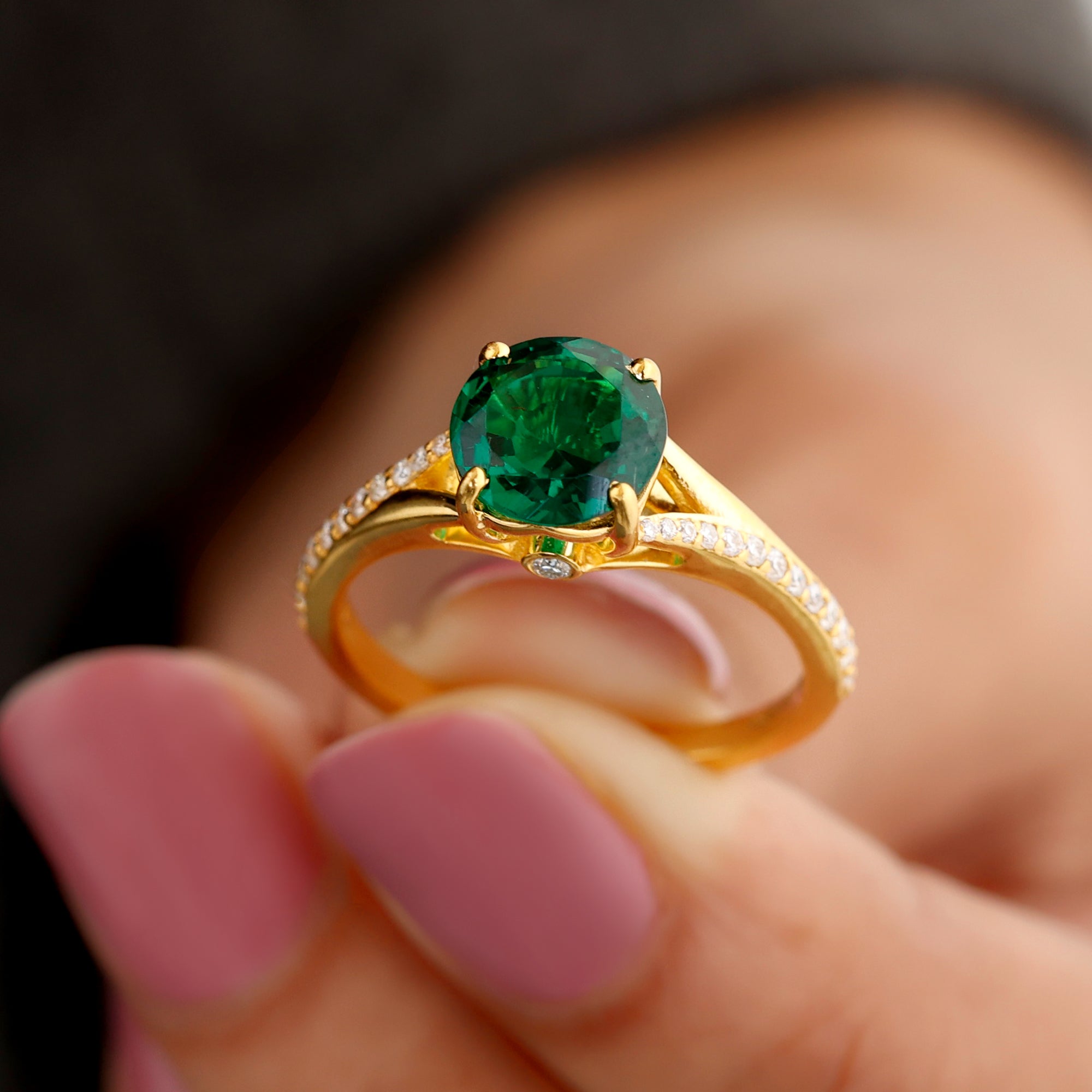 8 MM Created Emerald Solitaire Split Shank Ring with Diamond Lab Created Emerald - ( AAAA ) - Quality - Rosec Jewels