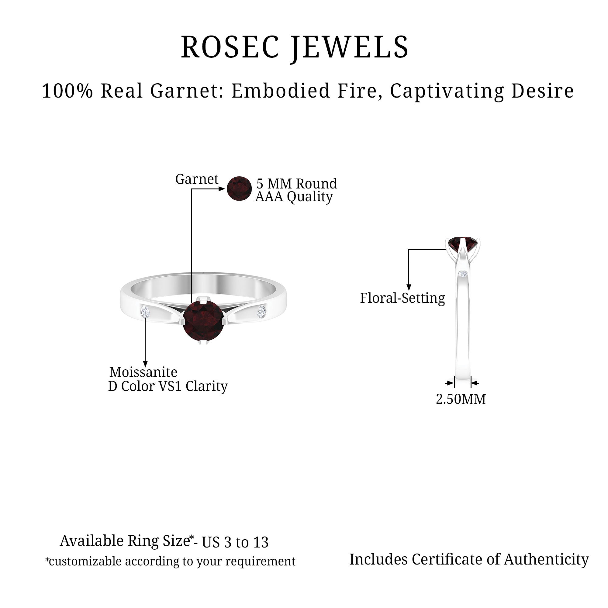 5 MM Natural Round Garnet Solitaire Promise Ring - Rosec Jewels