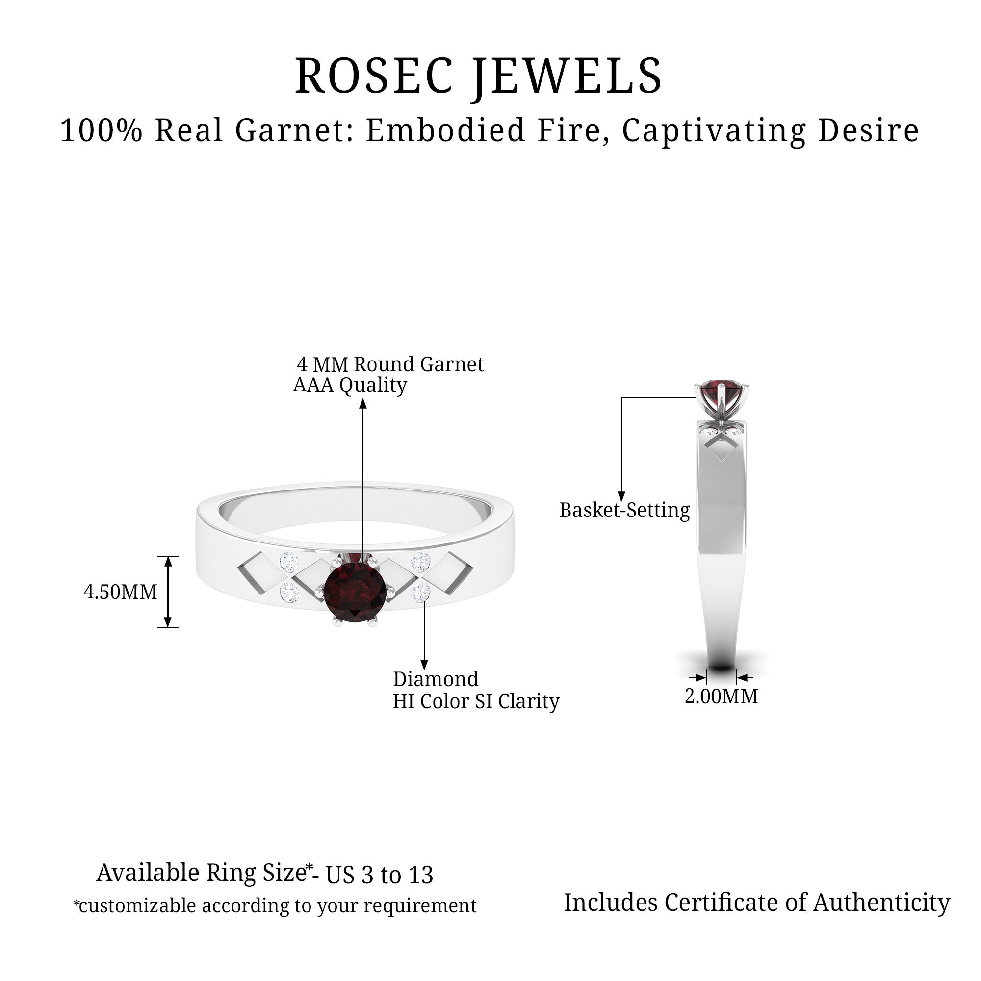 Natural Round Garnet Solitaire Band Ring Garnet - ( AAA ) - Quality - Rosec Jewels