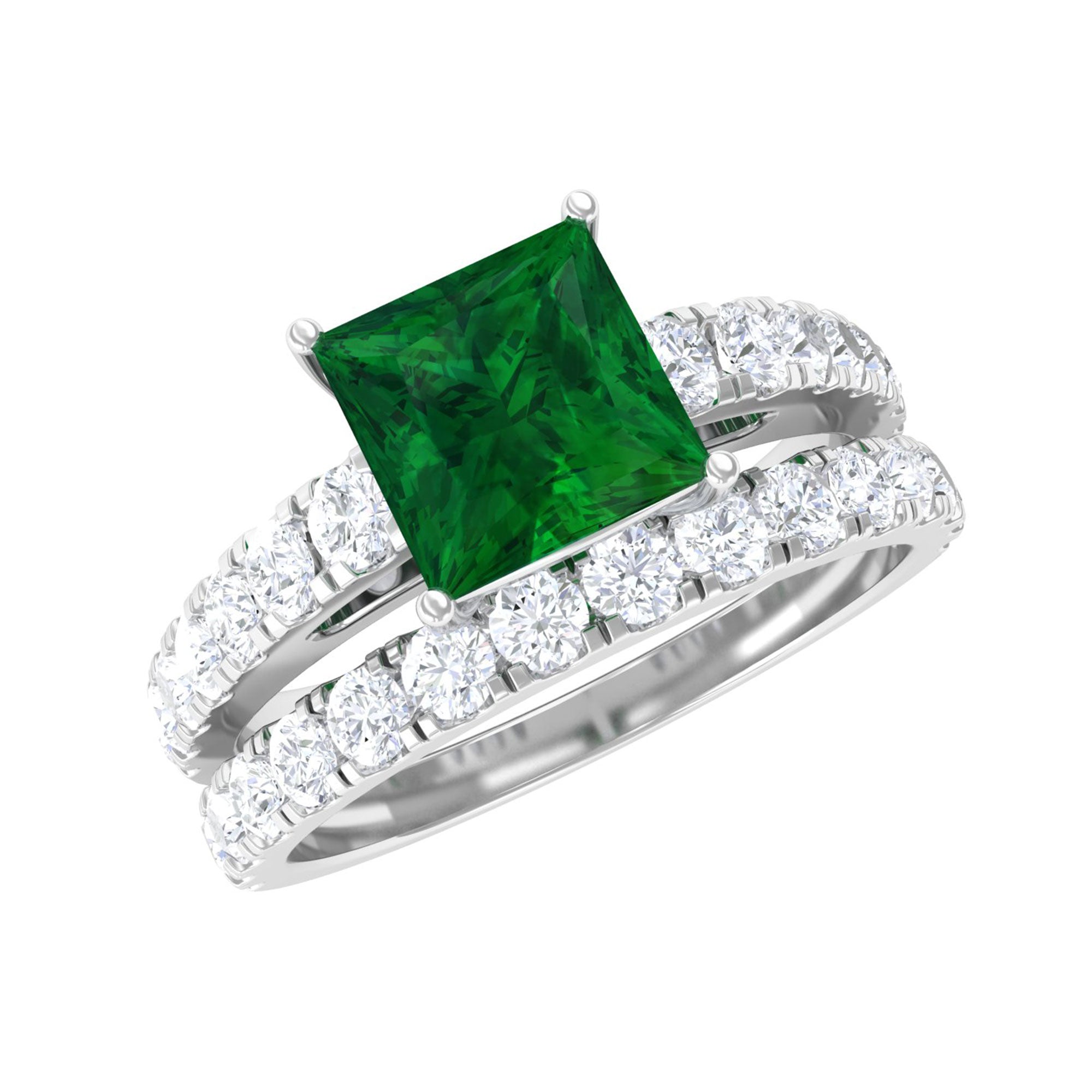 Princess Cut Created Emerald Engagement Ring with Moissanite Enhancer Lab Created Emerald - ( AAAA ) - Quality - Rosec Jewels