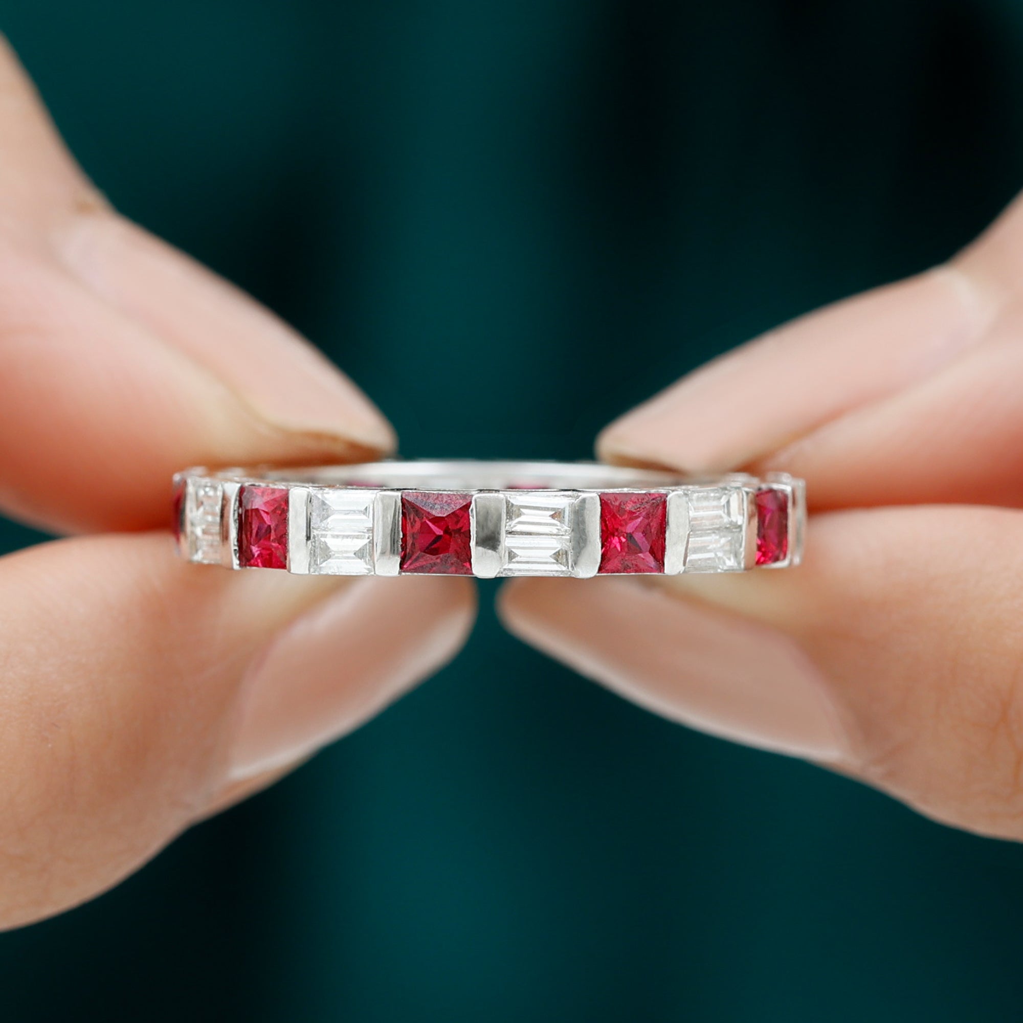 Princess Cut Lab Created Ruby And Moissanite Full Eternity Ring Lab Created Ruby - ( AAAA ) - Quality - Rosec Jewels