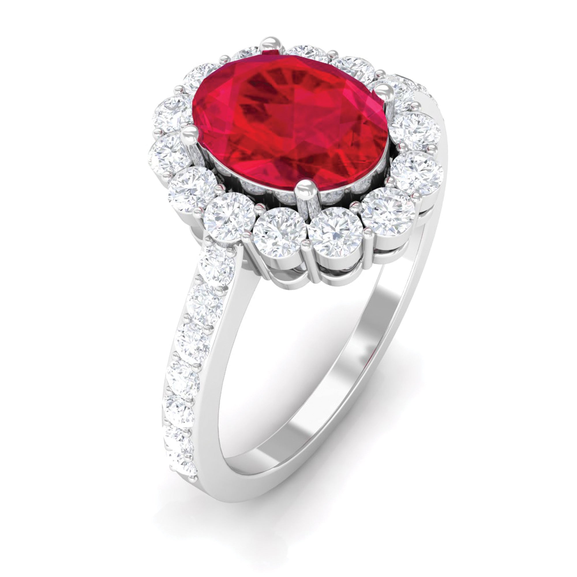 2.75 CT Oval Cut Created Ruby Ring with Moissanite Halo Lab Created Ruby - ( AAAA ) - Quality - Rosec Jewels