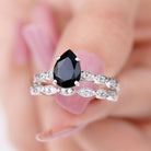 Lab Grown Black Diamond Teardrop Engagement Ring with Moissanite Wedding Band Lab Created Black Diamond - ( AAAA ) - Quality - Rosec Jewels