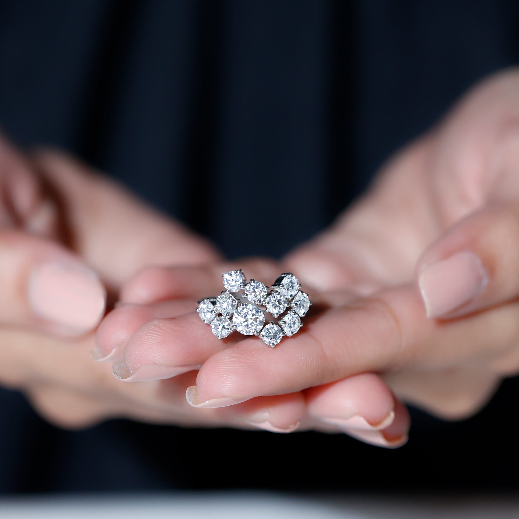 Round Moissanite Cluster Statement Cocktail Ring With Silver - Rosec Jewels