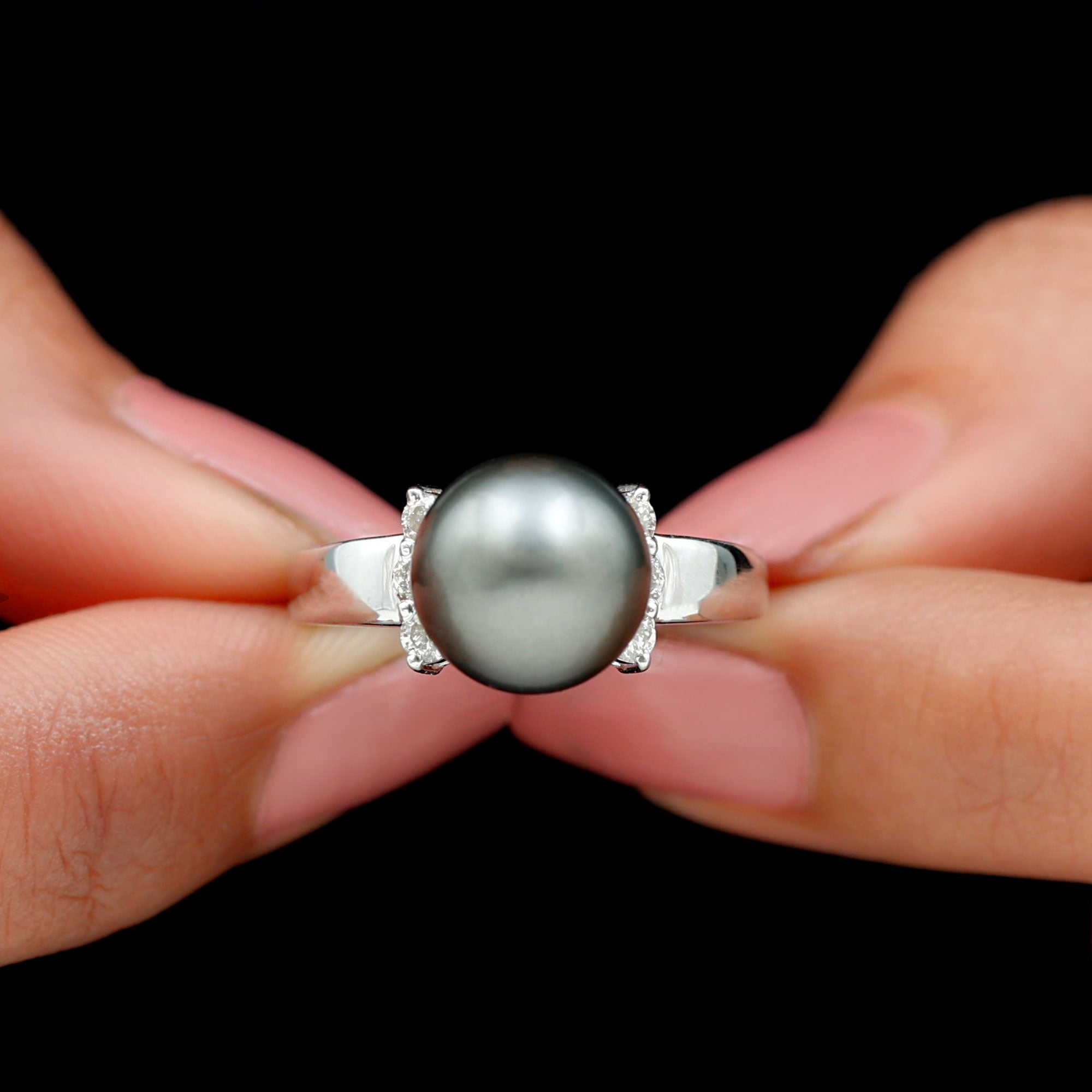 8 CT Real Tahitian Pearl Solitaire Ring with Diamond Tahitian pearl - ( AAA ) - Quality - Rosec Jewels