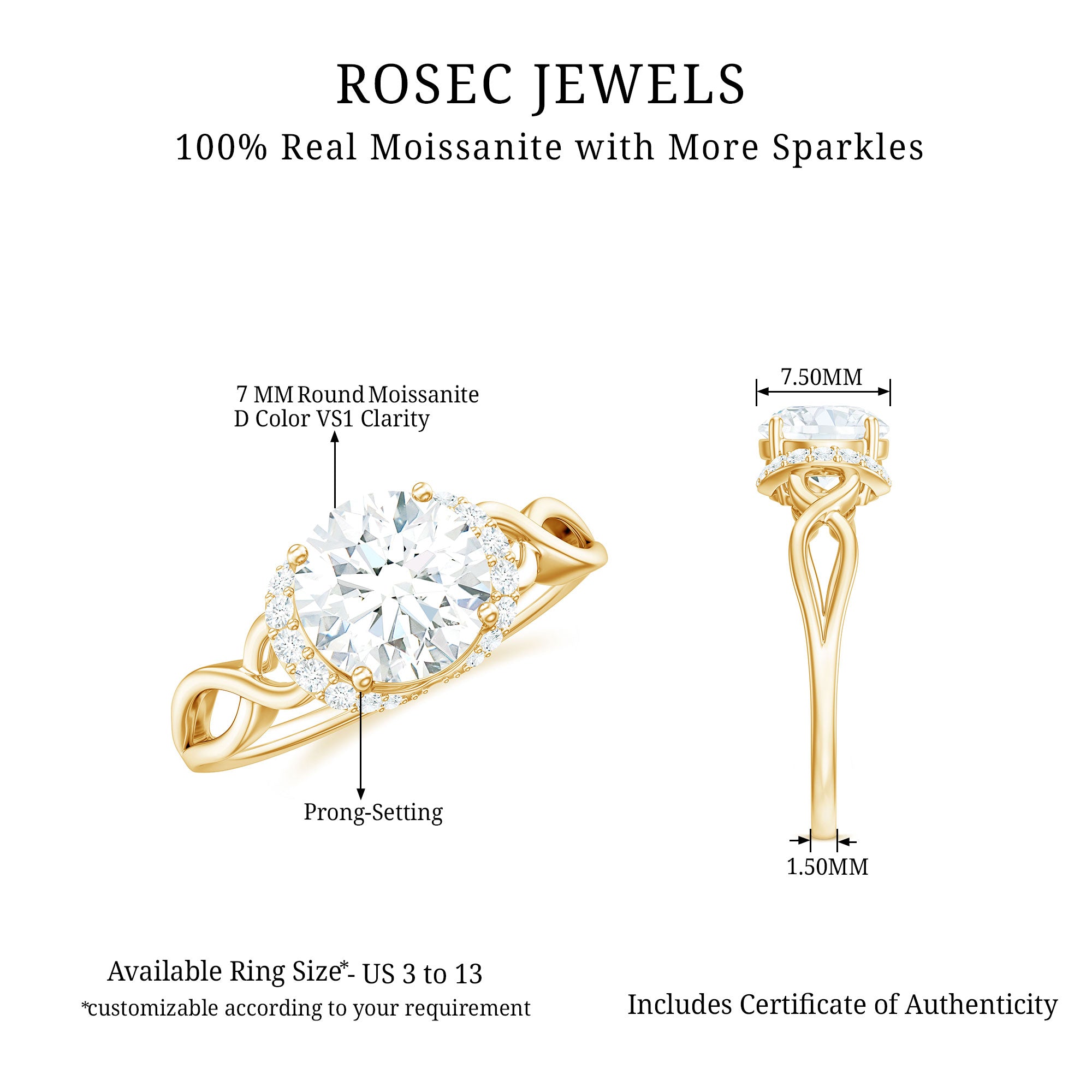 Round Cut Moissanite Solitaire Infinity Ring in Gold Moissanite - ( D-VS1 ) - Color and Clarity - Rosec Jewels