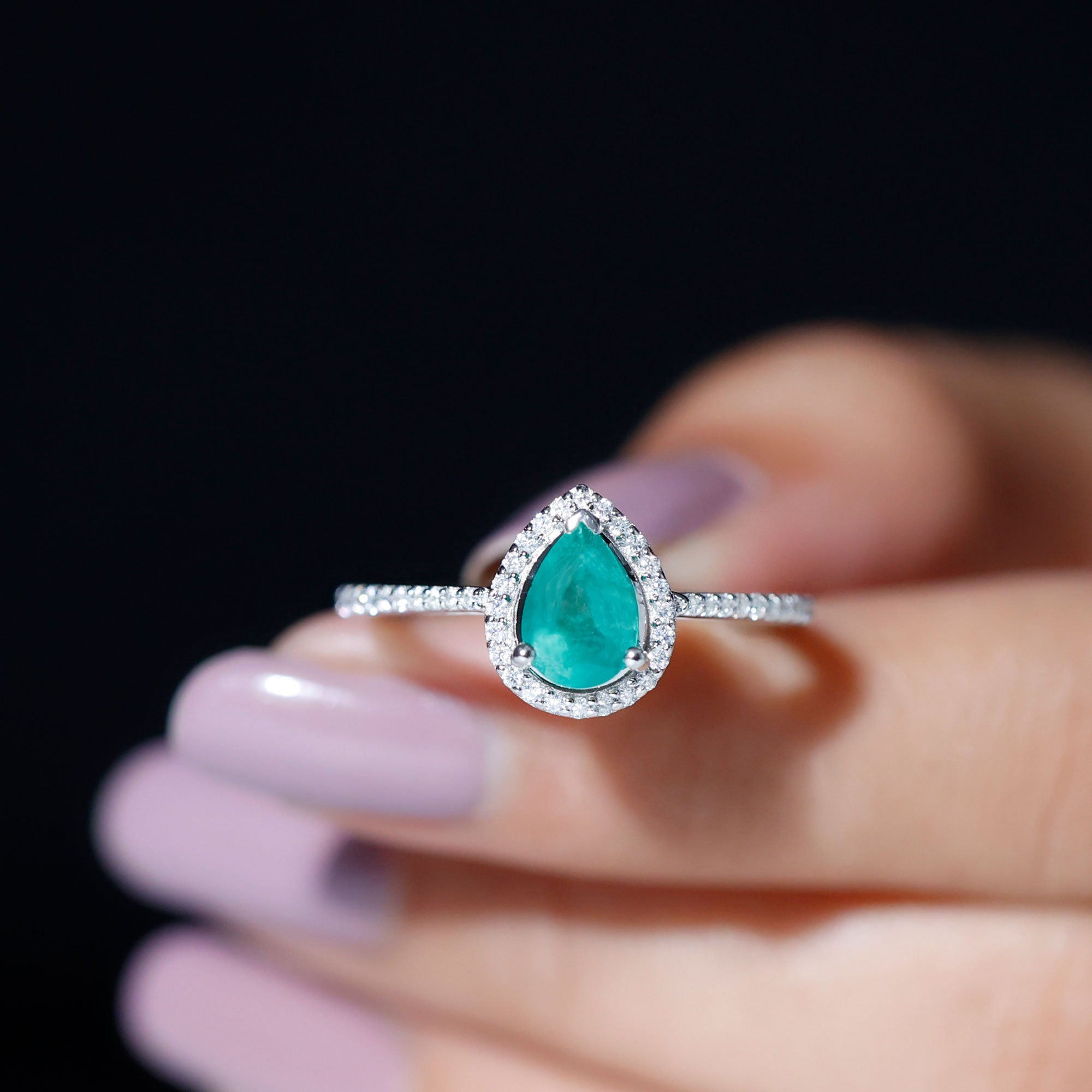 Pear Shaped Emerald Halo Engagement Ring With Moissanite Emerald - ( AAA ) - Quality - Rosec Jewels