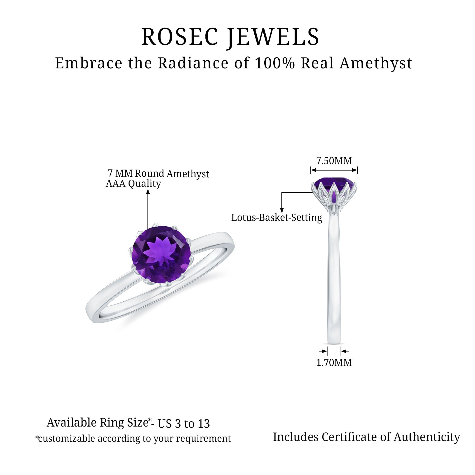 Real Amethyst Solitaire Ring in Lotus Basket Setting Amethyst - ( AAA ) - Quality - Rosec Jewels