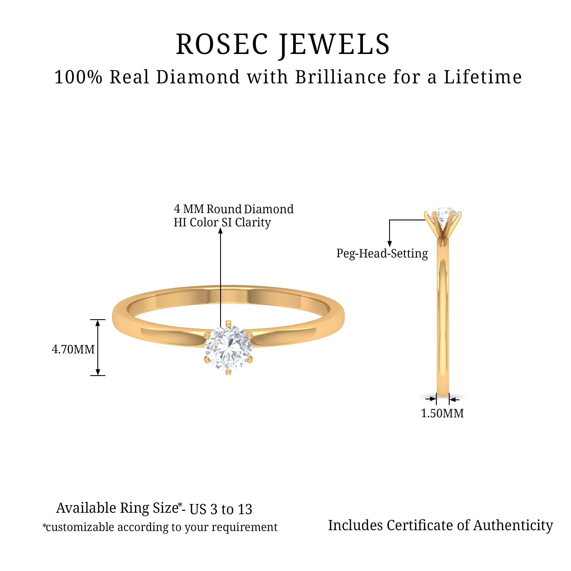 Minimal Round Diamond Solitaire Ring in Gold Diamond - ( HI-SI ) - Color and Clarity - Rosec Jewels