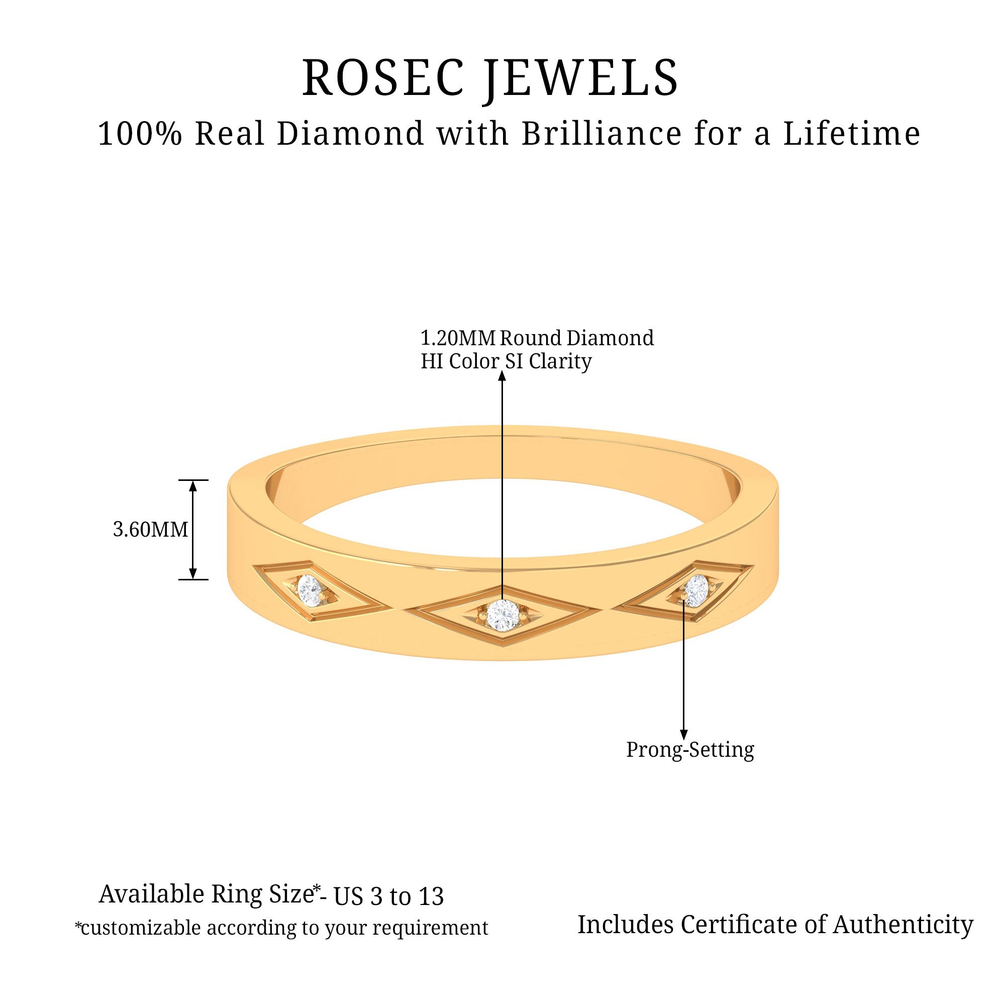 Simple Three Diamond Wedding Band Ring Diamond - ( HI-SI ) - Color and Clarity - Rosec Jewels