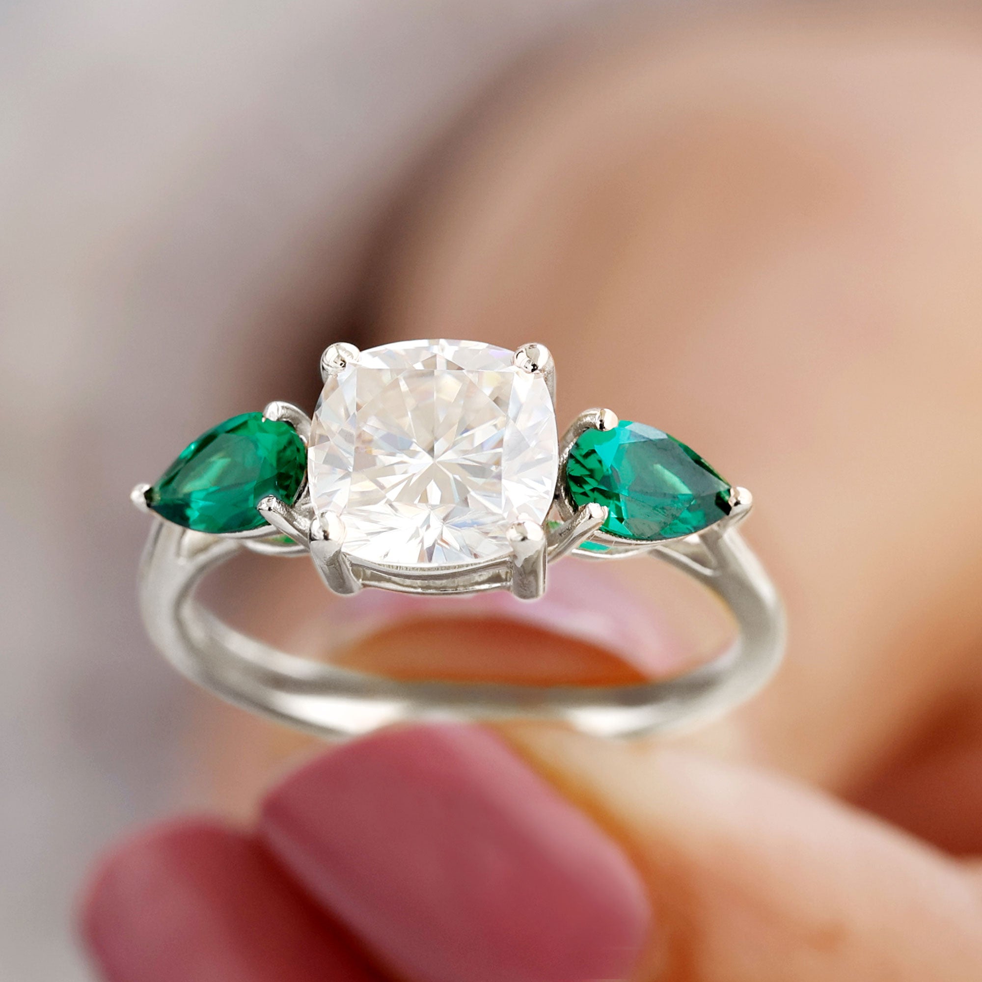 3 CT Moissanite and Created Emerald Trilogy Engagement Ring Lab Created Emerald - ( AAAA ) - Quality - Rosec Jewels