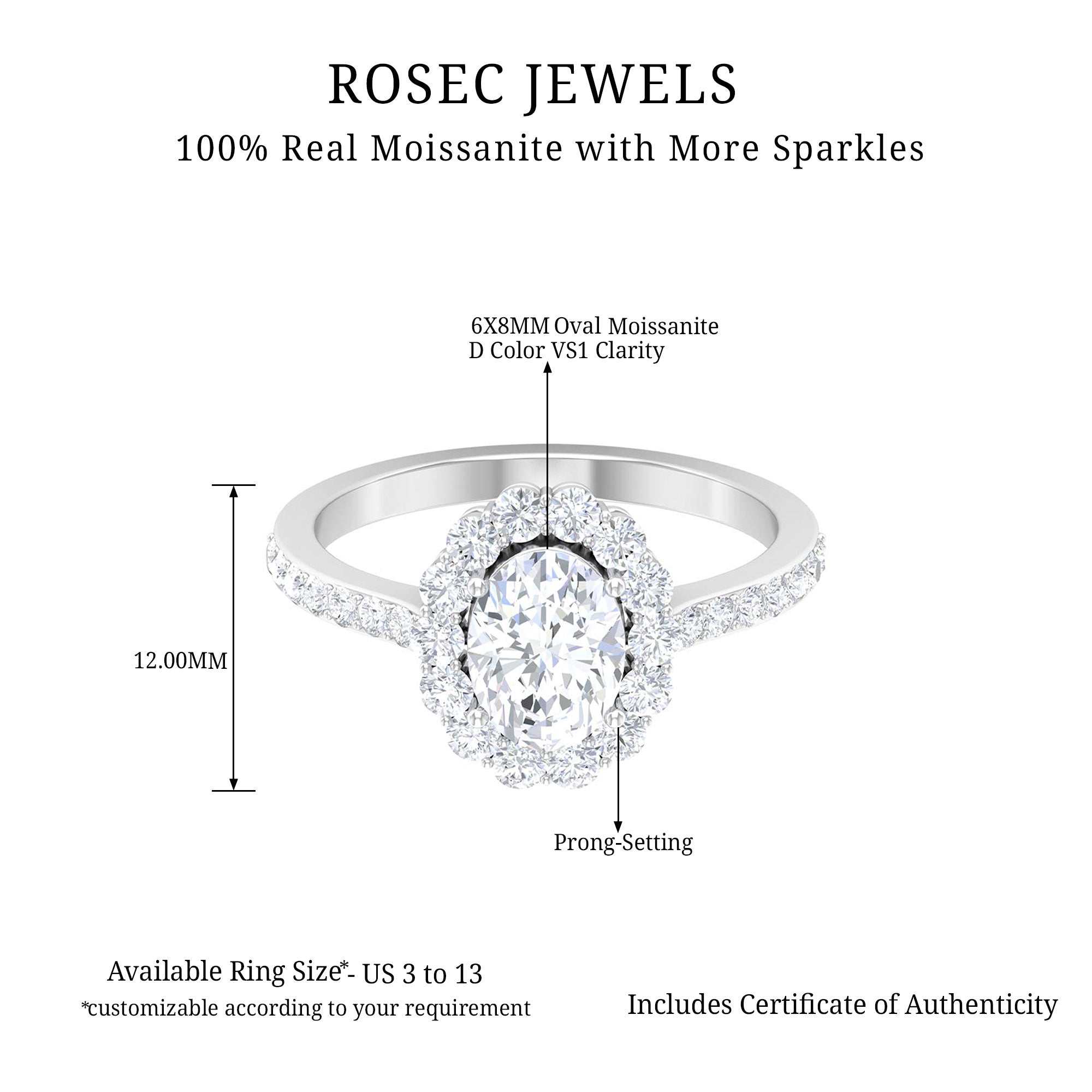 6X8 MM Oval Cut Moissanite Halo Engagement Ring Moissanite - ( D-VS1 ) - Color and Clarity - Rosec Jewels