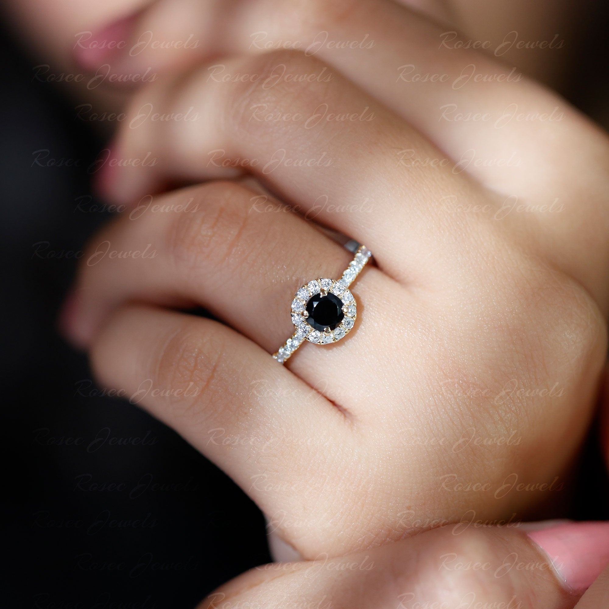 Round Black Onyx Minimal Engagement Ring with Diamond Black Onyx - ( AAA ) - Quality - Rosec Jewels