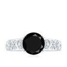 Solitaire Black Spinel Flower Engagement Ring with Diamond Black Spinel - ( AAA ) - Quality - Rosec Jewels