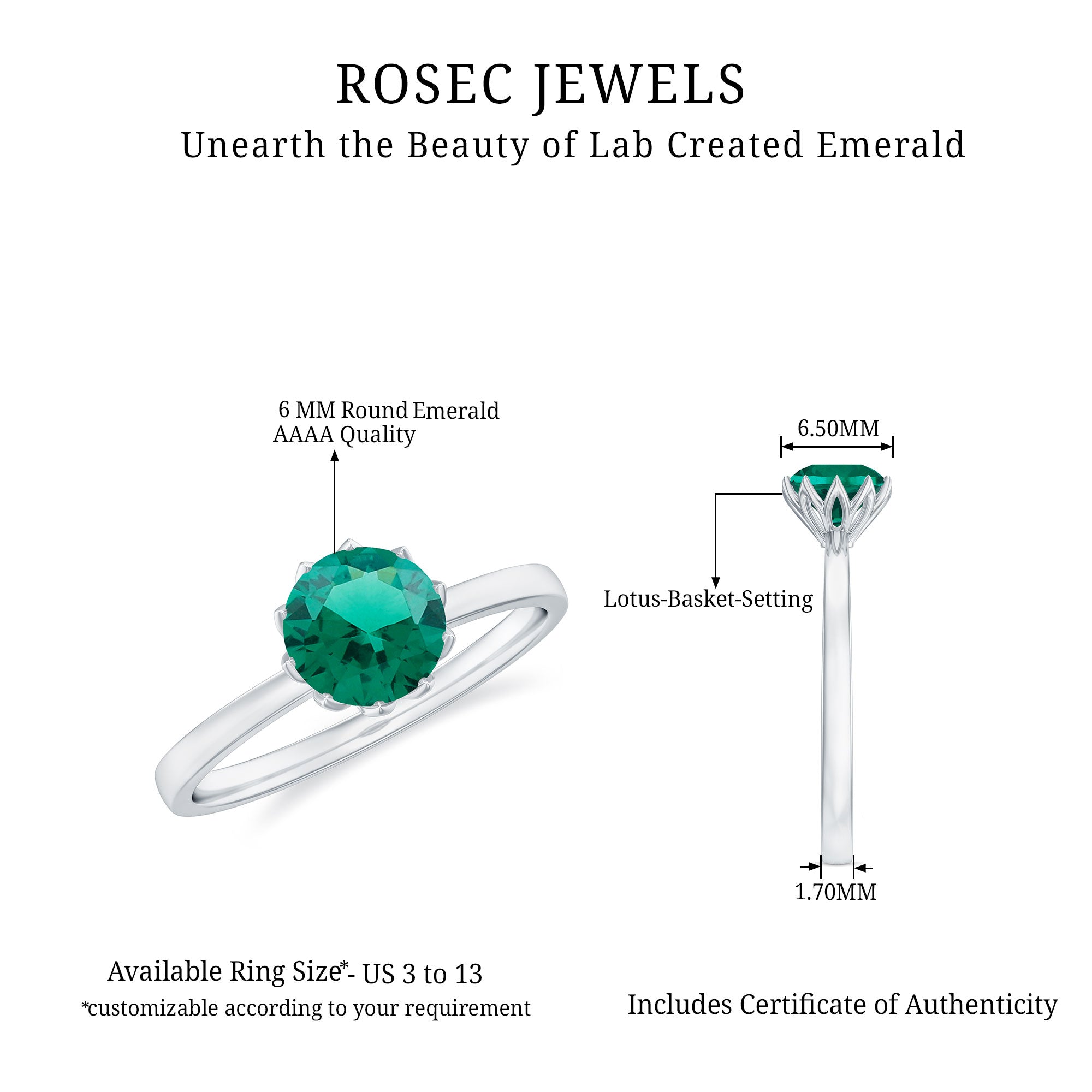 6 MM Round Cut Lab Created Emerald Solitaire Ring in Lotus Basket Setting Lab Created Emerald - ( AAAA ) - Quality - Rosec Jewels