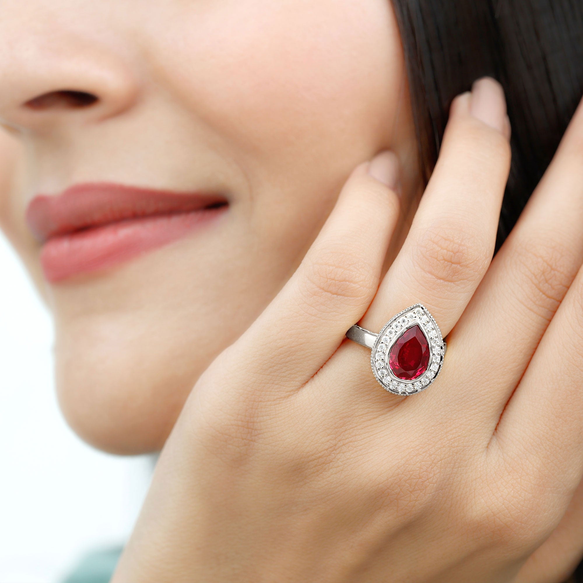 2 CT Pear Cut Created Ruby Solitaire Engagement Ring with Diamond Halo Lab Created Ruby - ( AAAA ) - Quality - Rosec Jewels