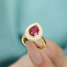 2 CT Pear Cut Created Ruby Solitaire Engagement Ring with Diamond Halo Lab Created Ruby - ( AAAA ) - Quality - Rosec Jewels