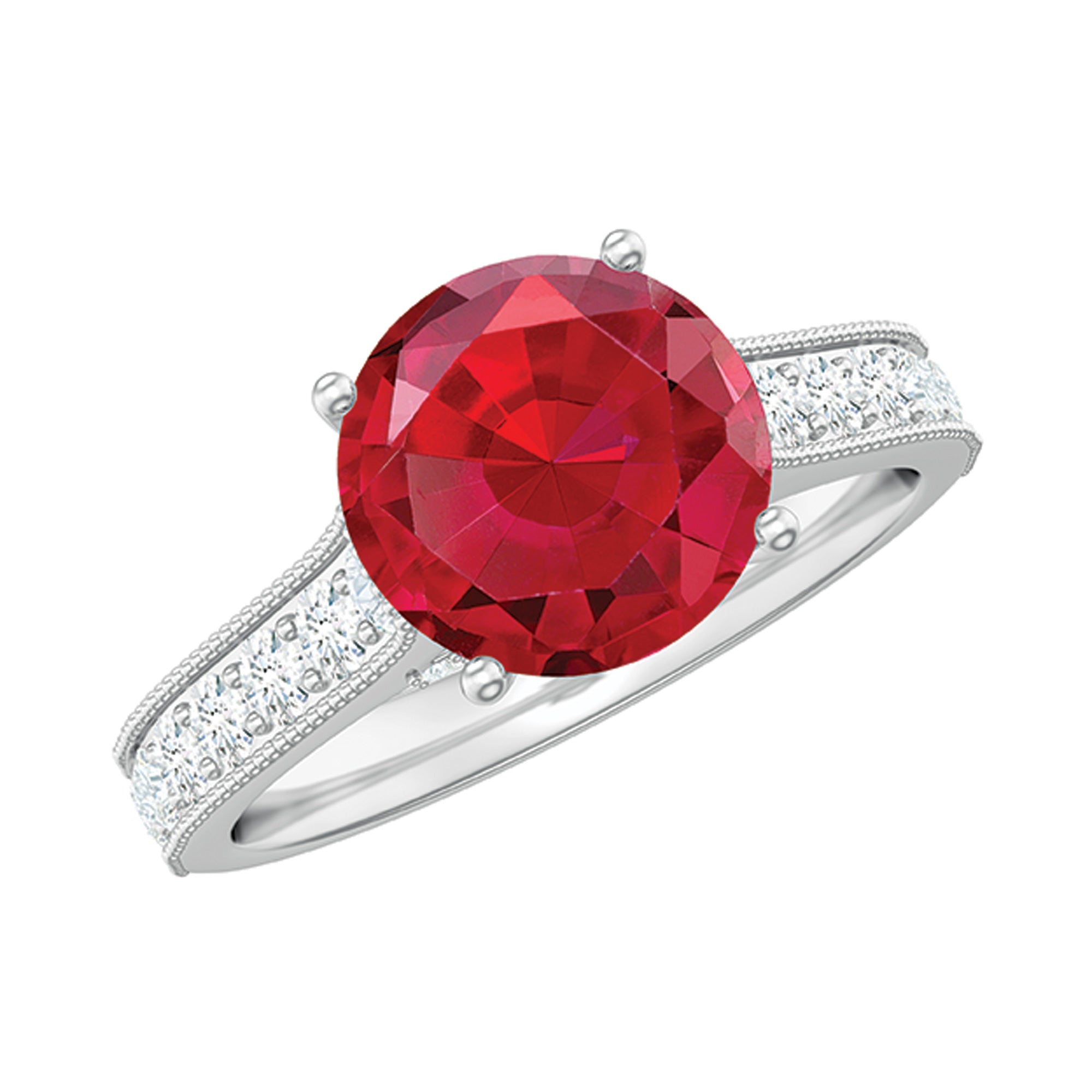 Created Ruby Solitaire Engagement Ring with Diamond Lab Created Ruby - ( AAAA ) - Quality - Rosec Jewels