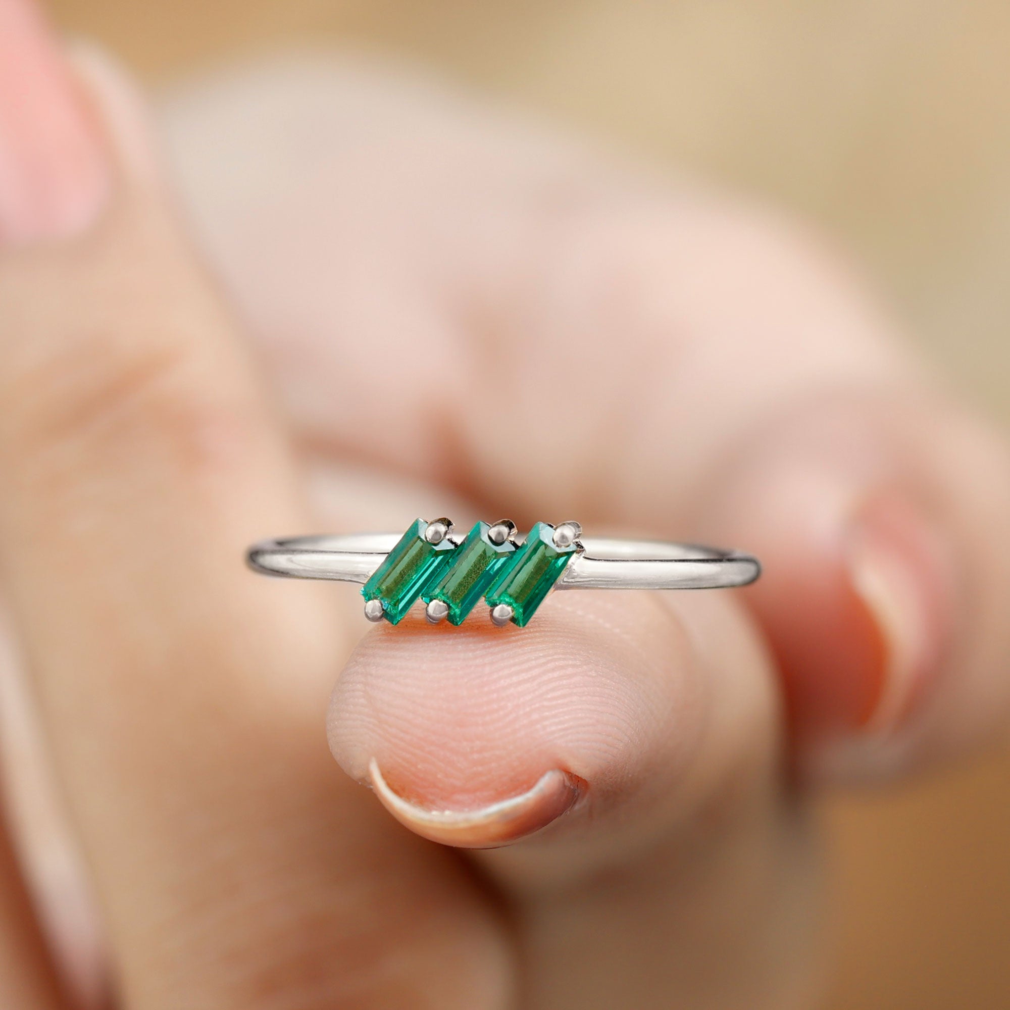 Baguette Cut Lab Grown Emerald Three Stone Promise Ring Lab Created Emerald - ( AAAA ) - Quality - Rosec Jewels