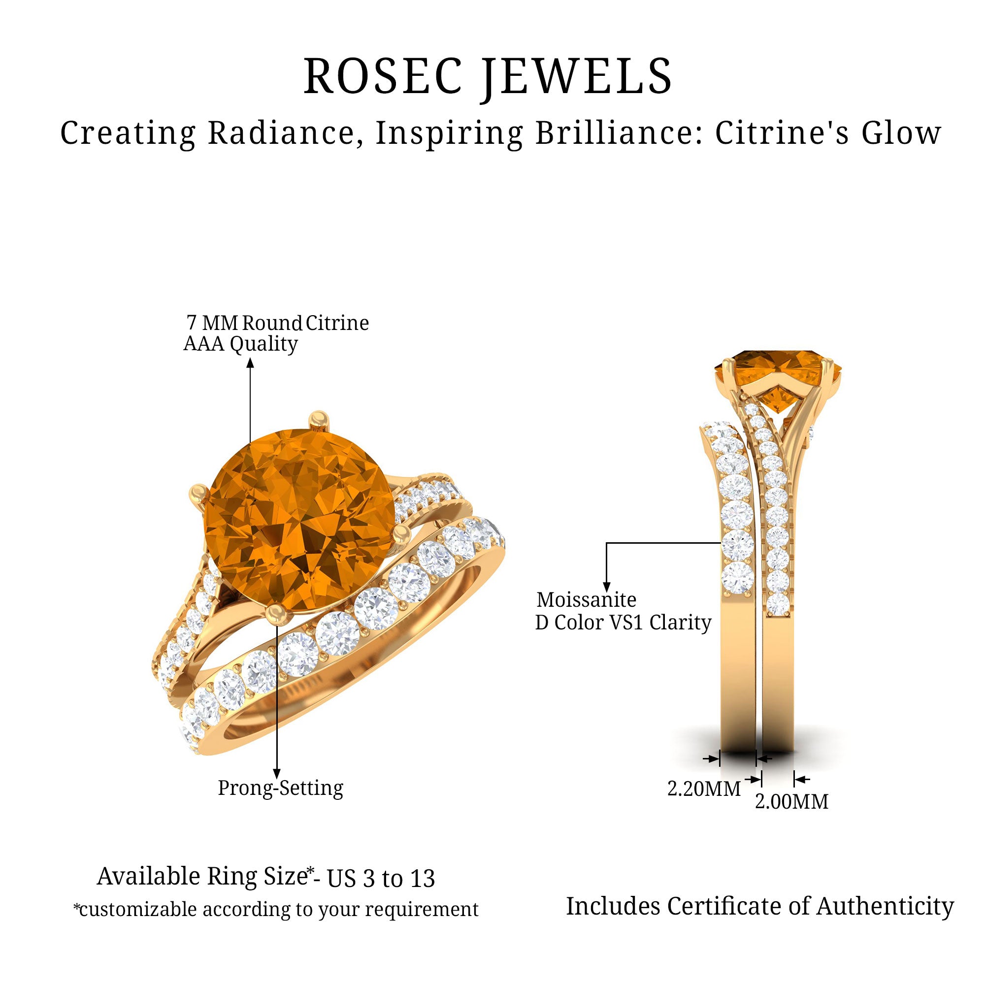 3.50 CT Wedding and Engagement Ring Set with Citrine and Moissanite Citrine - ( AAA ) - Quality - Rosec Jewels