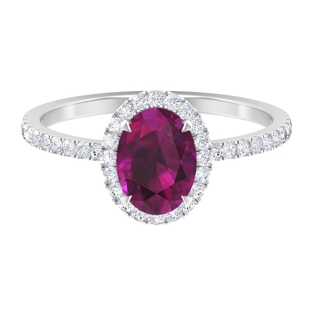 2 CT Oval Rhodolite Engagement Ring with Diamond Halo Rhodolite - ( AAA ) - Quality - Rosec Jewels