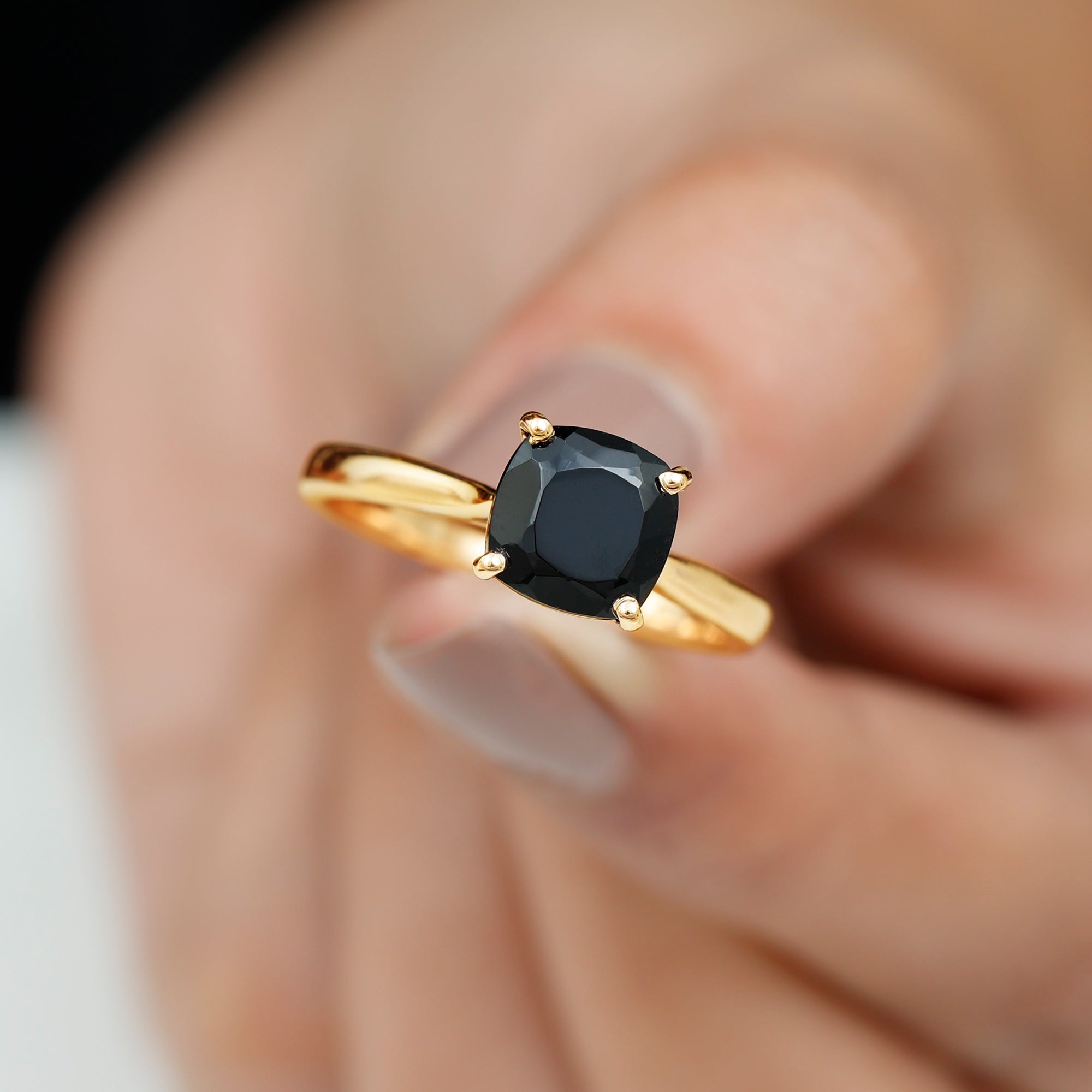 Cushion Cut Black Spinel Solitaire Ring with Surprise Diamond Black Spinel - ( AAA ) - Quality - Rosec Jewels