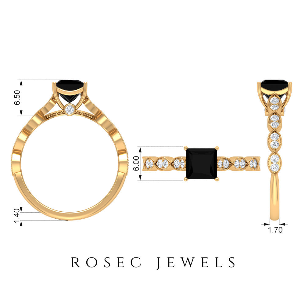 Princess Cut Black Onyx Ring With Diamond Black Onyx - ( AAA ) - Quality - Rosec Jewels