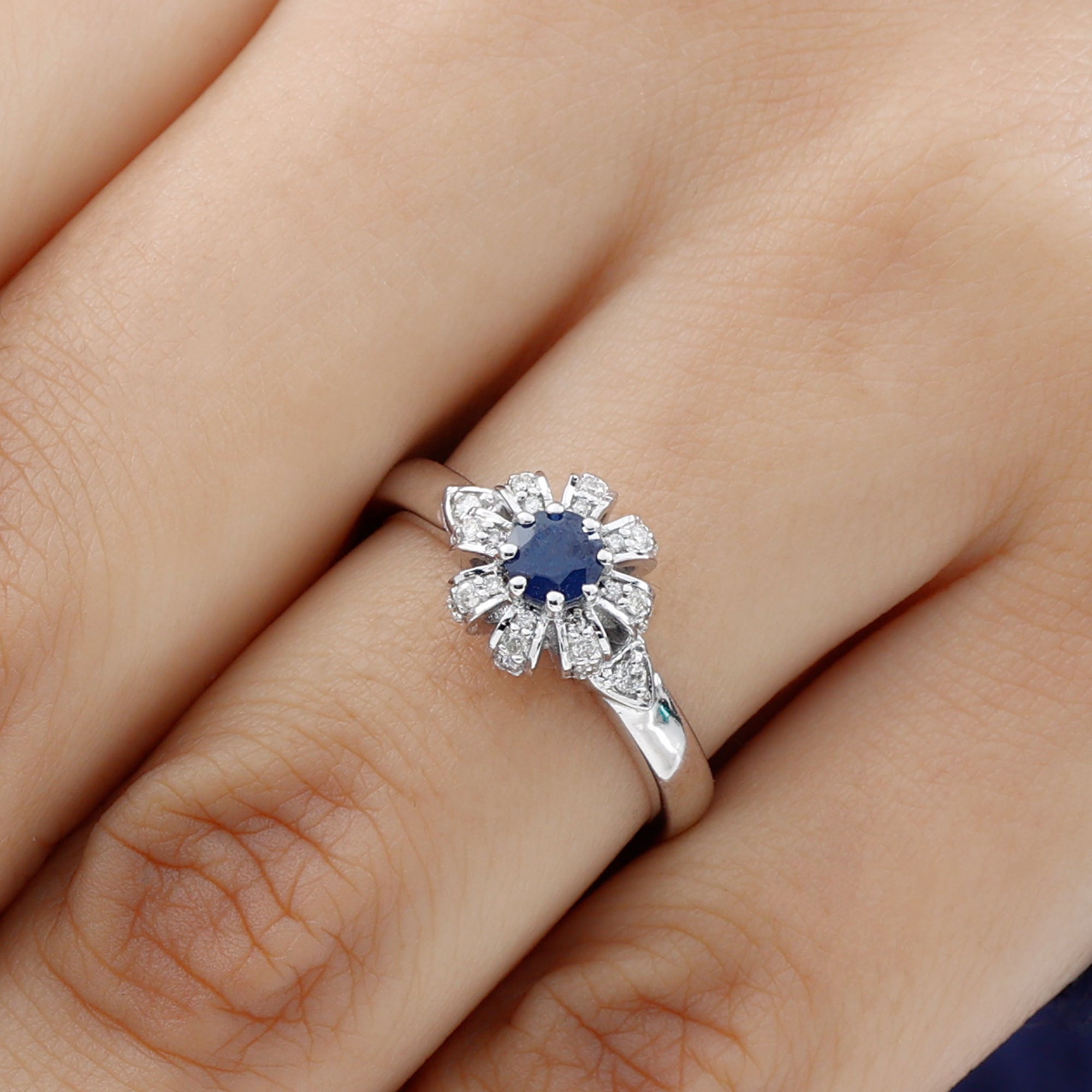 0.75 CT Blue Sapphire Flower Promise Ring with Diamond Blue Sapphire - ( AAA ) - Quality - Rosec Jewels