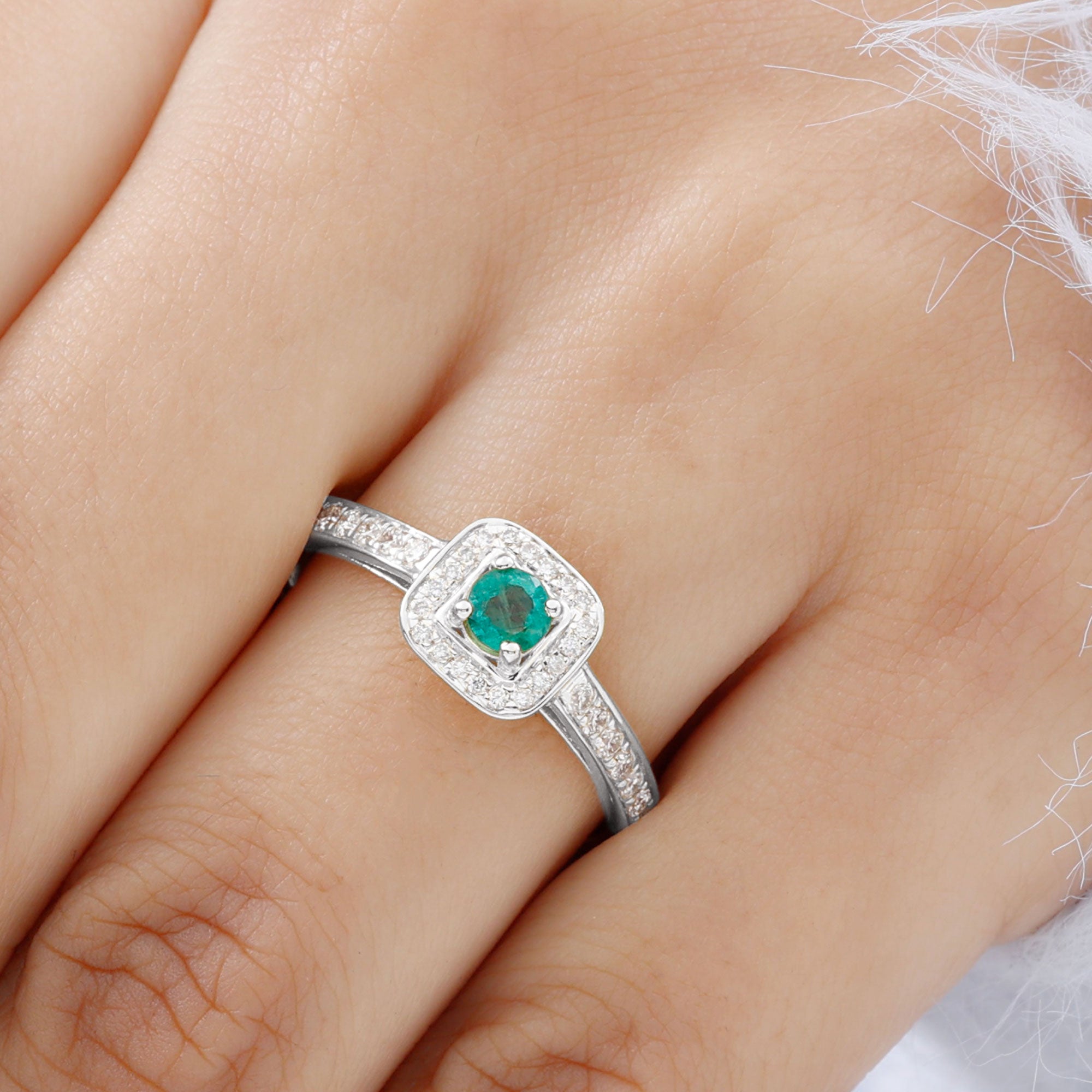 Vintage Inspired Emerald Engagement Ring with Diamond Halo Emerald - ( AAA ) - Quality - Rosec Jewels