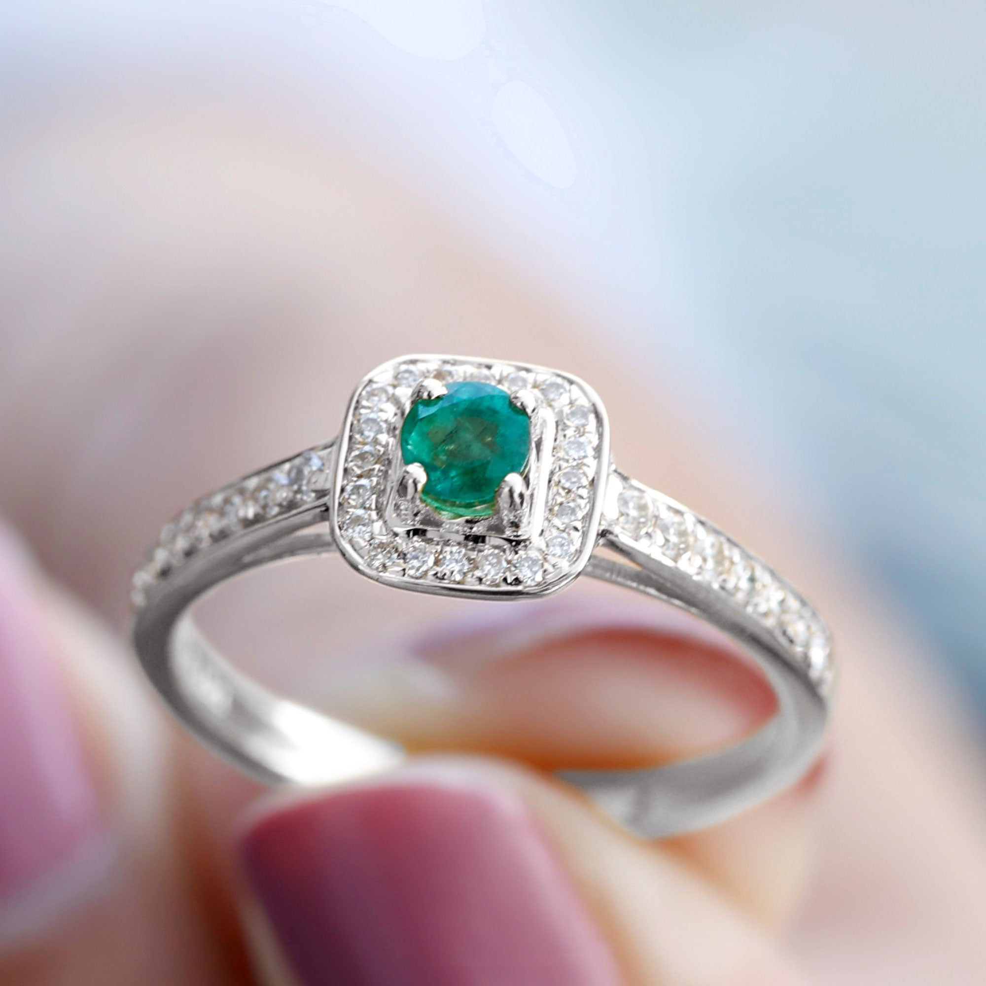 Vintage Inspired Emerald Engagement Ring with Diamond Halo Emerald - ( AAA ) - Quality - Rosec Jewels