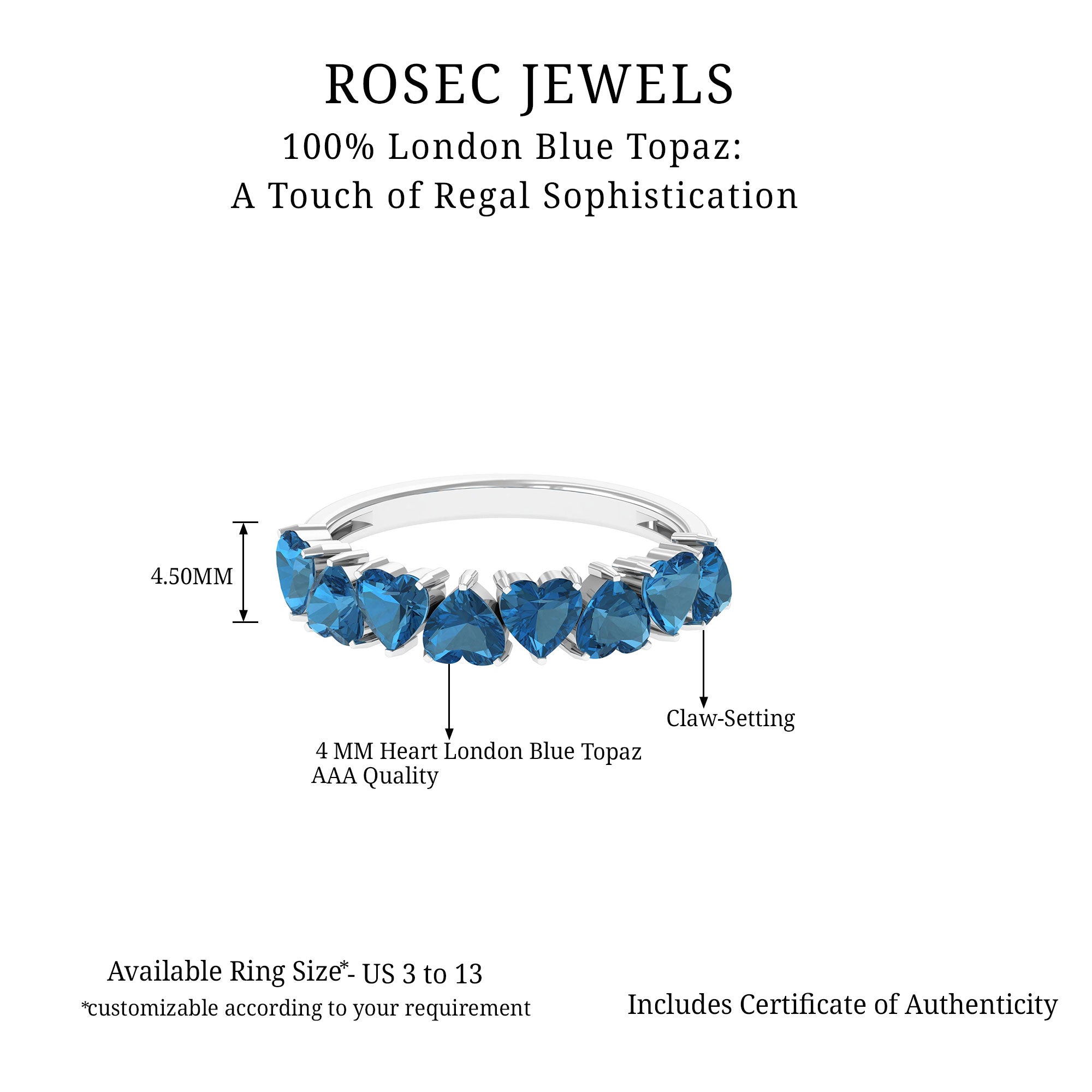 1.75 CT Heart Shape London Blue Topaz Half Eternity Band Ring in Prong Setting for Women London Blue Topaz - ( AAA ) - Quality - Rosec Jewels