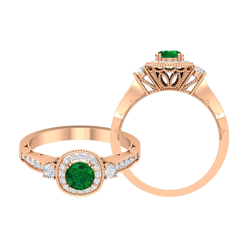 Emerald and Diamond Vintage Engagement Ring Emerald - ( AAA ) - Quality - Rosec Jewels